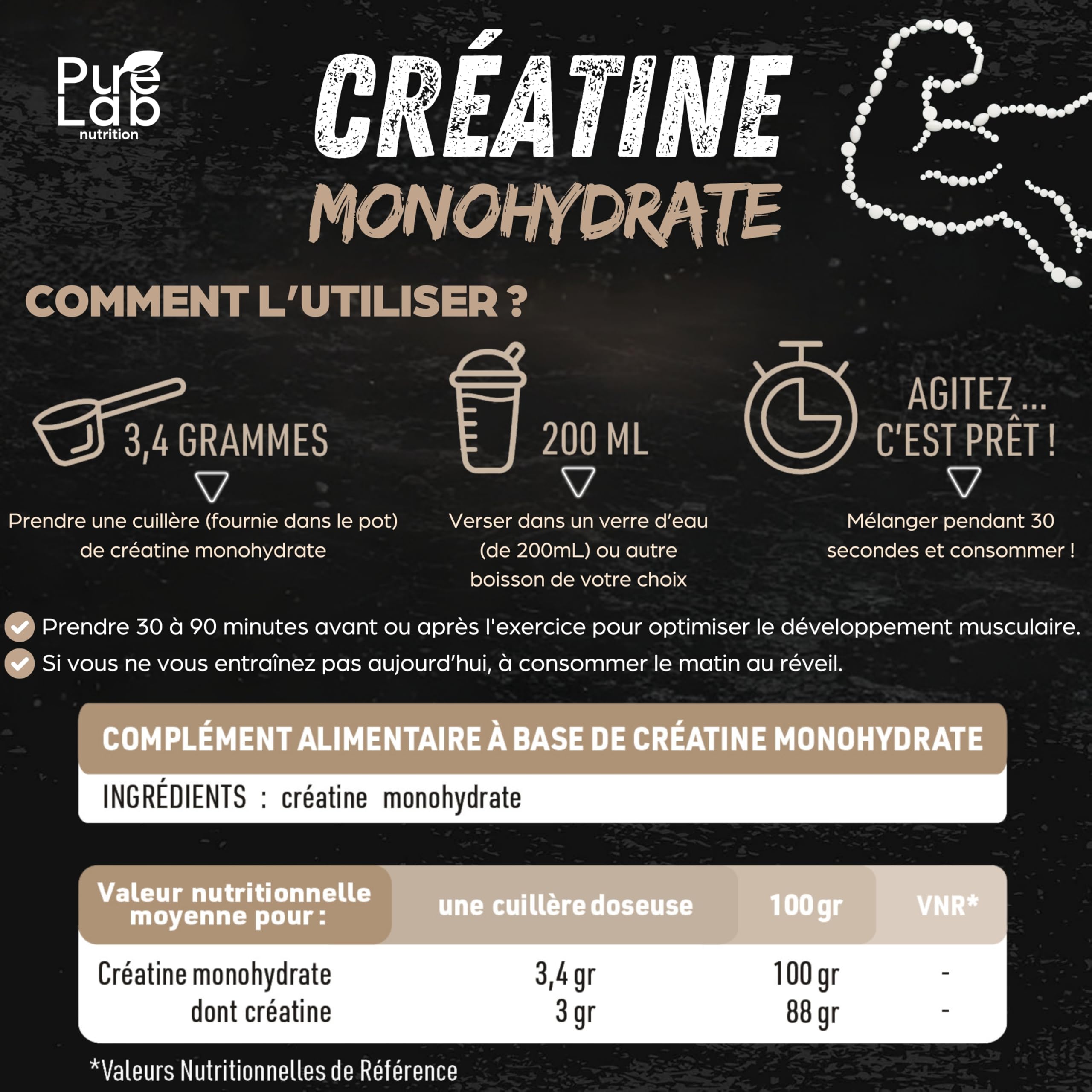 Créatine monohydrate poudre 100% pure de qualité micronisée - 90 portions - Haute Absorption - Performance, Force, Masse Musculaire et Efforts Intenses - 100% vegan