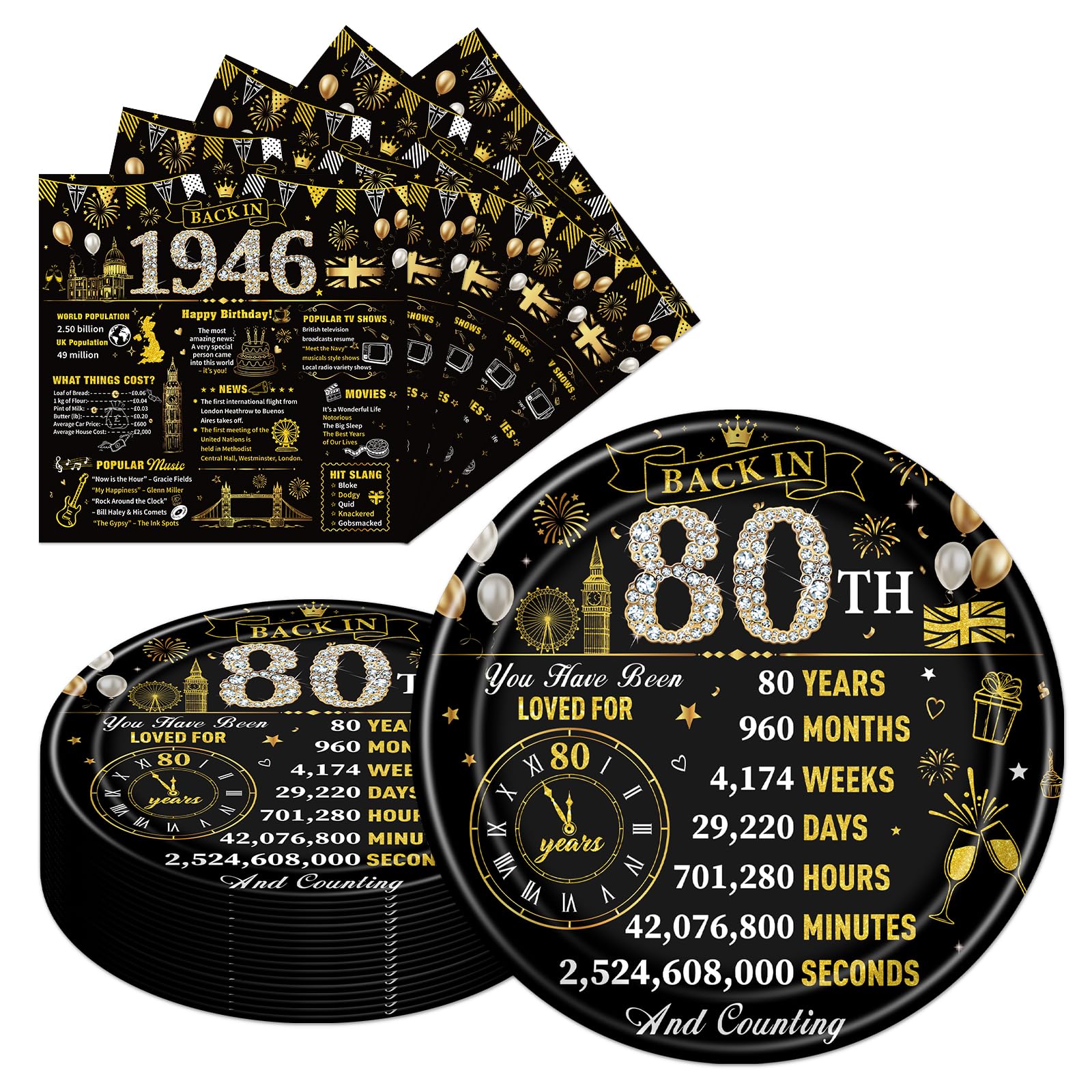 Eiapadeor 80th Birthday Decorations Tableware Set - 50 Pcs 80th Birthday Plates and Napkins Black Gold Back in 1946 Disposable Plates Set for Women Men Him Her 80 Year Old Party Supplies Serves 25