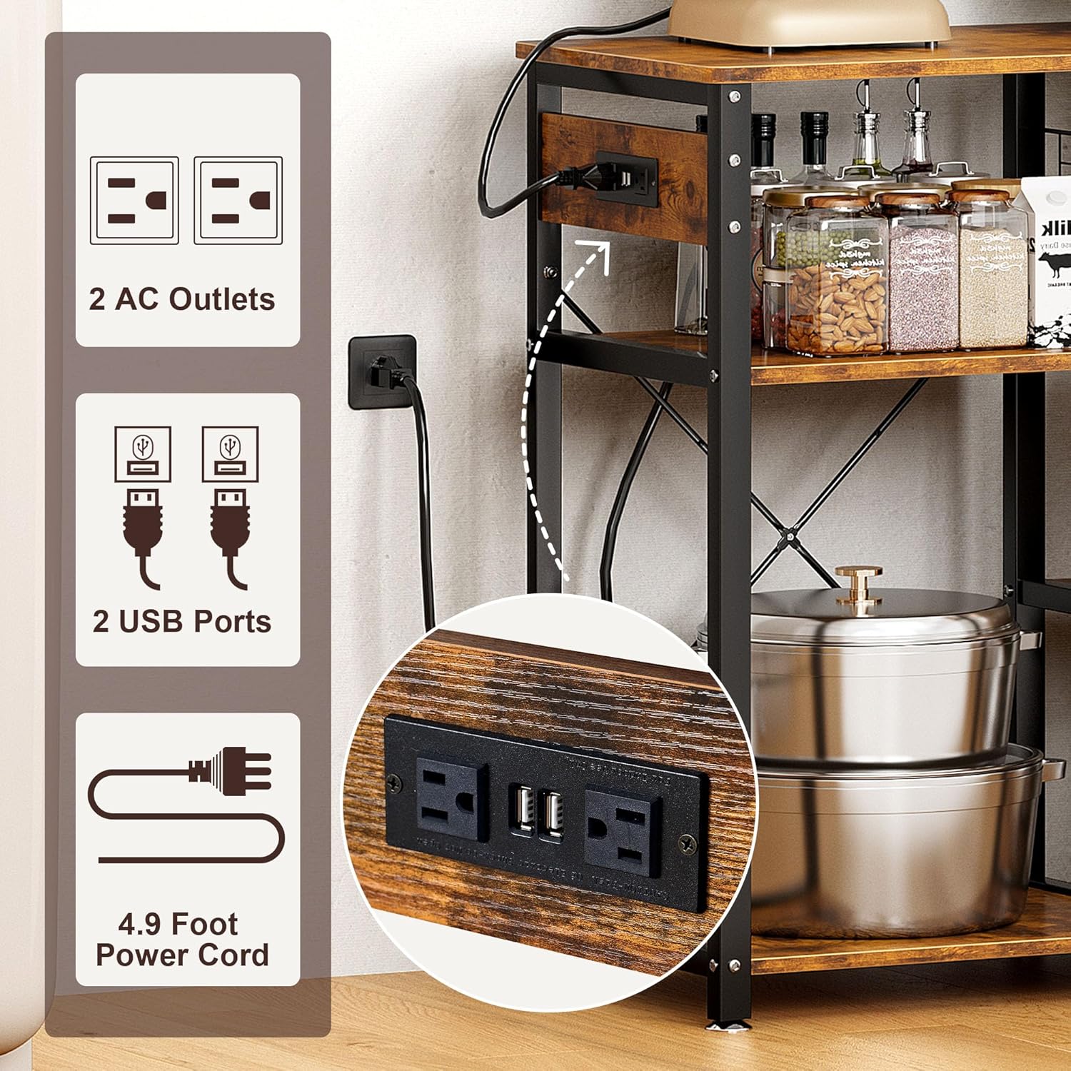 sogesfurniture 3-Tier Kitchen Baker's Rack with Power Outlet & USB Ports,Utility Microwave Oven Stand Storage Cart, LED Kitchen Storage Cart Workstation Shelf with 5 S-Hooks,Rustic Brown