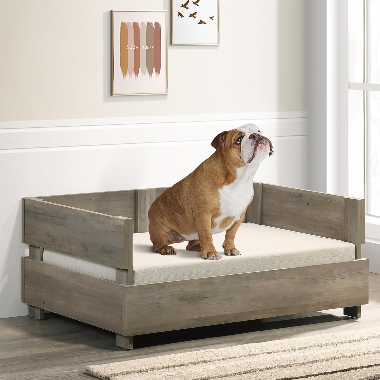 Modern Wood Dog Bed Frame with Cushion, Small to Medium