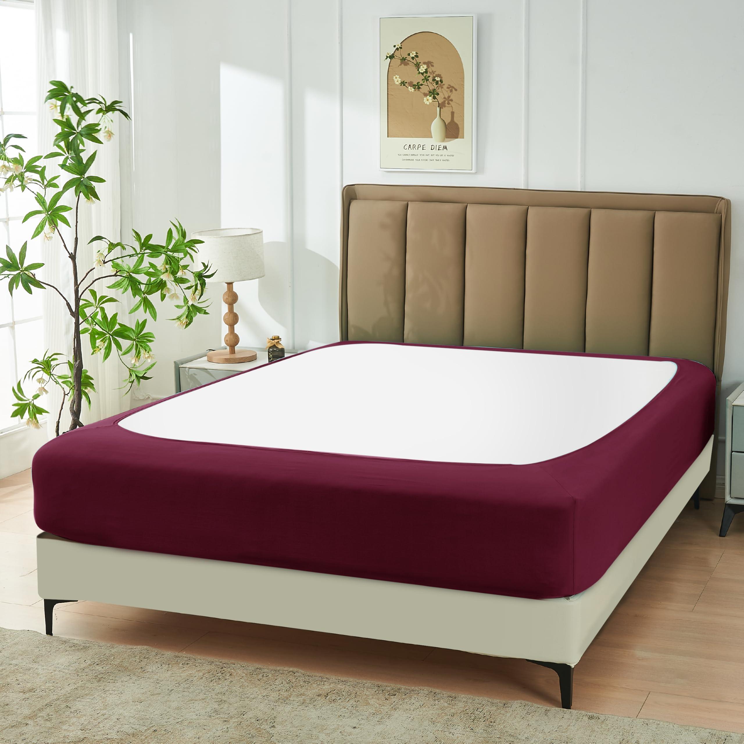 Photo 1 of Biscaynebay Decorative Box Spring Cover King & Cal King Size, Burgundy Luxurious Jersey Knitting Stretchy Wrap Around 4 Sides Bed Skirt for Home/Hotels, Easy Fit Wrinkle & Fade Free Machine Washable