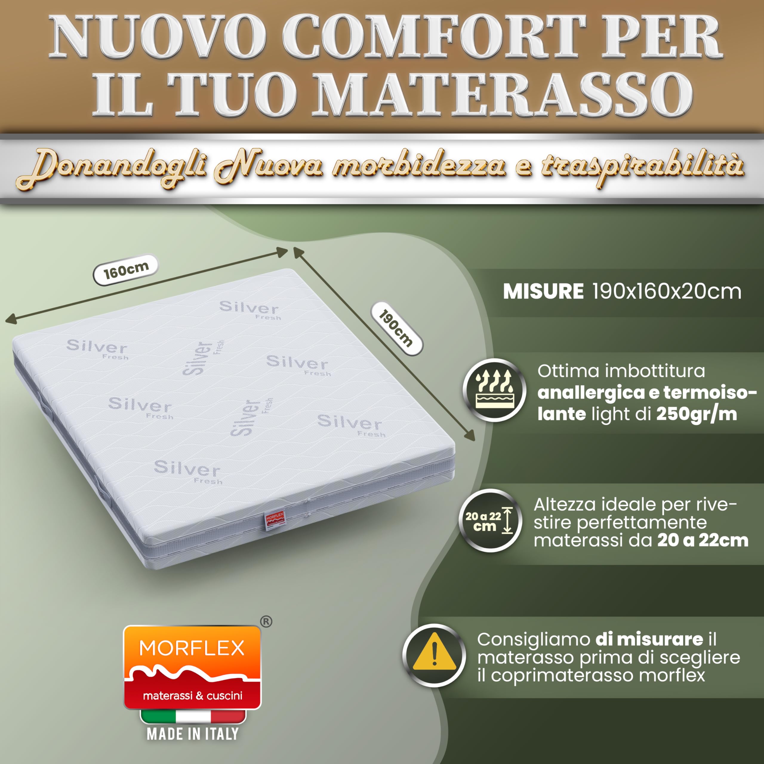 COPRIMATERASSO MATRIMONIALE 160X190 h20 Fodera Materasso Matrimoniale con Cerniera, Ideale Guscio per Materasso Sfoderabile con comoda Zip, Coprimaterasso Antiacaro Traspirante, Morflex Made in Italy