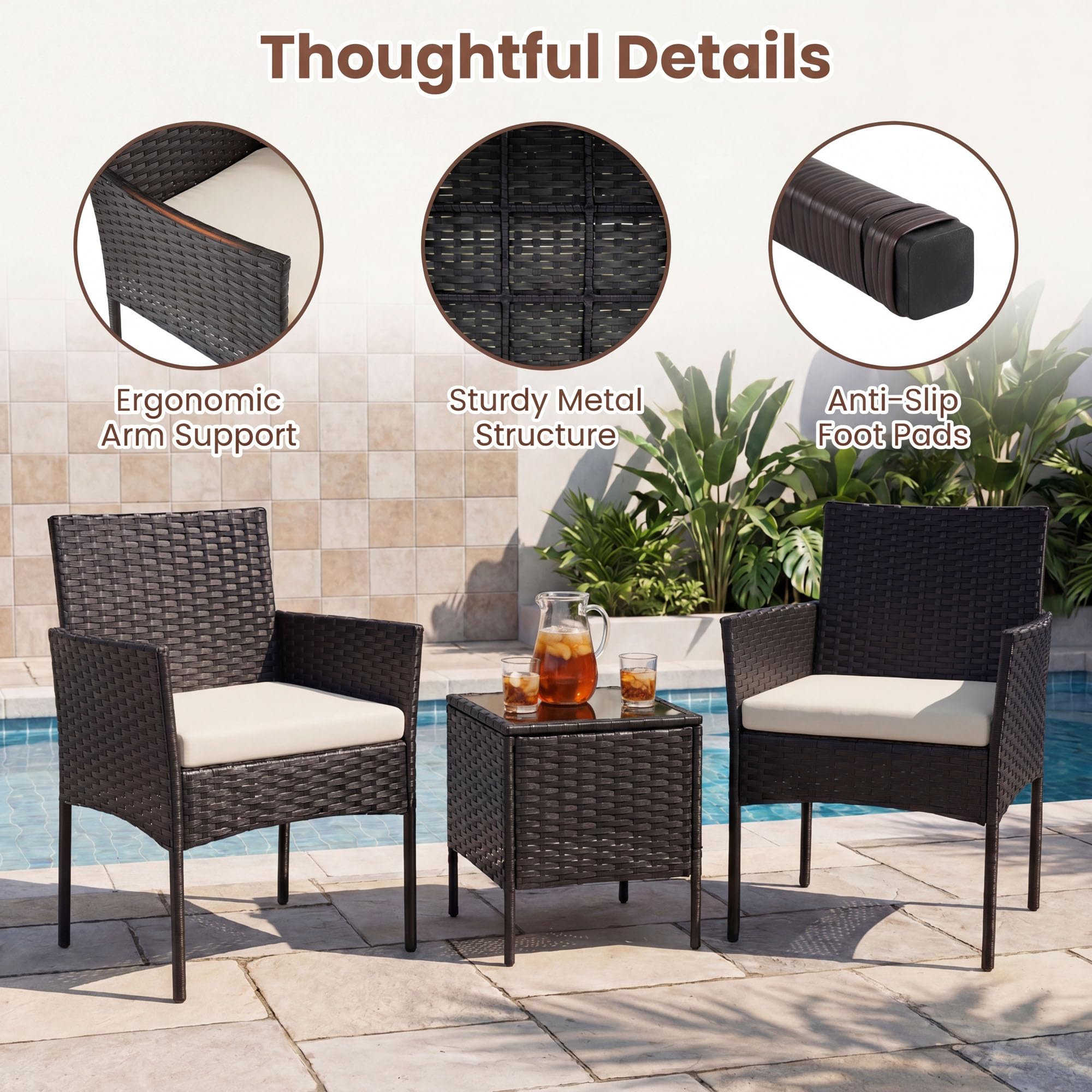 LIFEZEAL - Juego de muebles de jardín de ratán de 2 plazas, salón de jardín al aire libre con 2 sillones, cojines extraíbles, mesa baja de cristal templado para terraza, patio (beige)