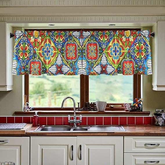 Mexican Talavera Tile Short Window Curtain Kitchen Curtains