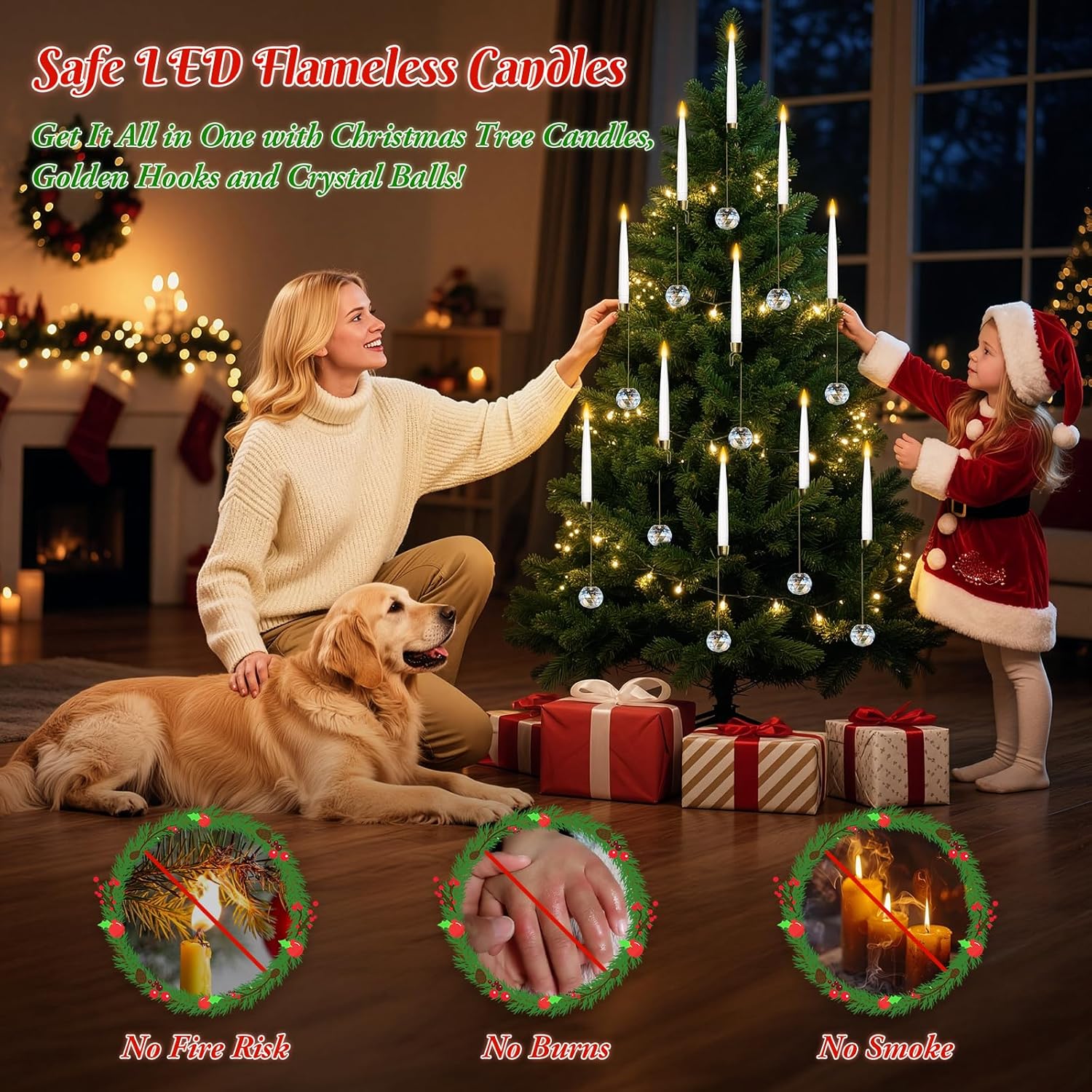 0.4" x6" LED Short Taper Candles with 12 Crystal Ball Hooks, 12 Pcs Flameless Christmas Tree Hanging Candles with Remote, Battery Operated Taper Candle for Xmas, Home, Indoor and Party