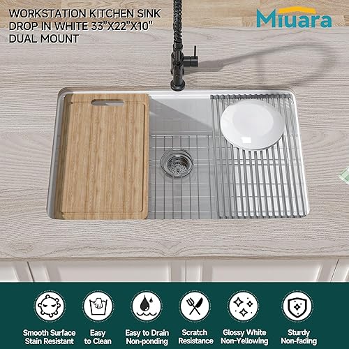 Miniatura 2 de Fregadero de cocina blanco con estación de trabajo de 33 x 22 pulgadas, fregadero de cocina de montaje superior y empotrado, fregadero de cocina de