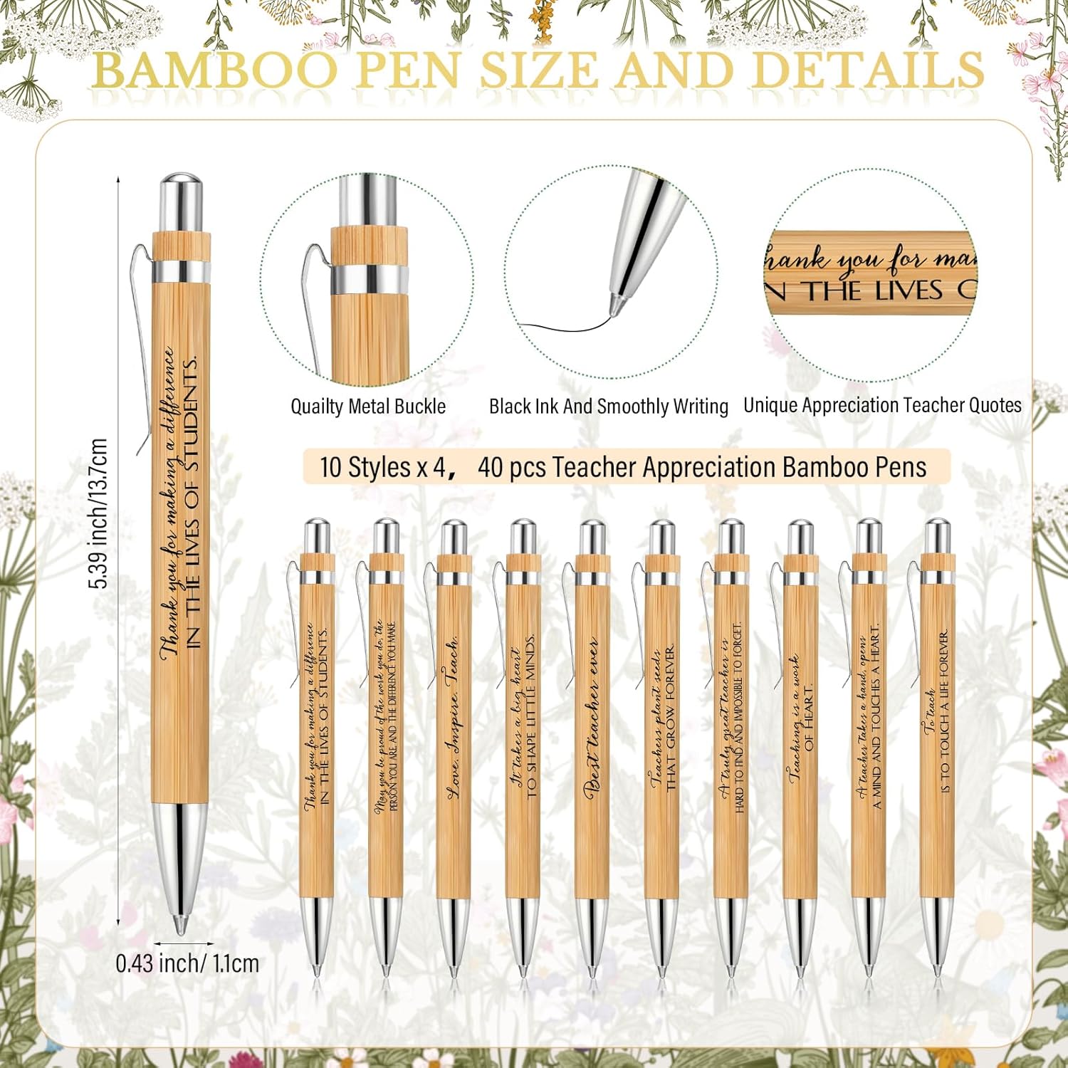 Spakon 40 Set Teacher Appreciation Gifts Include 40 Bamboo Pens and 40 Cards with Gold Cable Tie for Teachers' Day Teacher Appreciation Week Gift Staff Team Office School Supplies