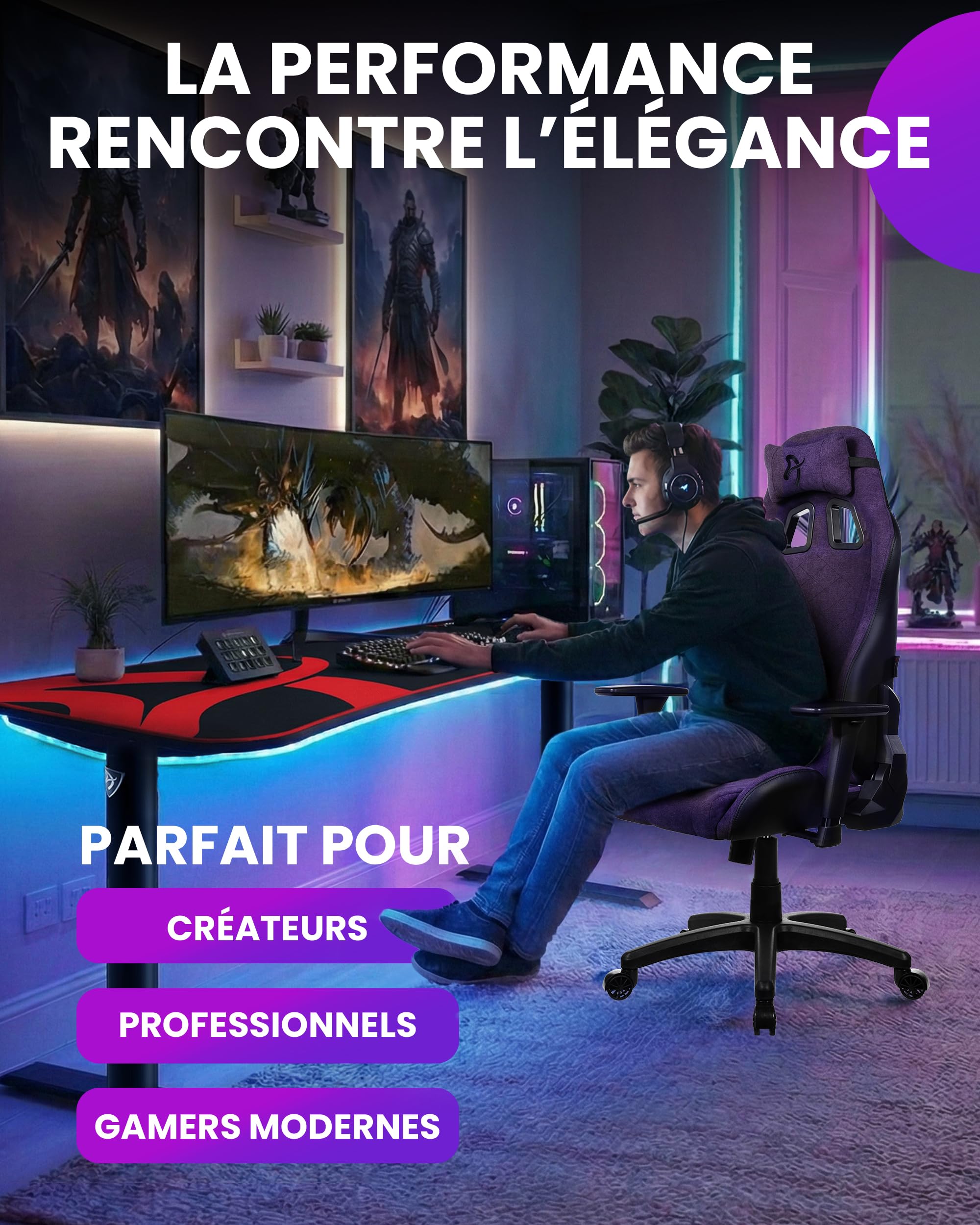 Arozzi Avanti Chaise Gaming Tissu Doux Violet | ergonomique, réglable en hauteur, dossier & accoudoirs, coussin de tête, design suédois, télétravail