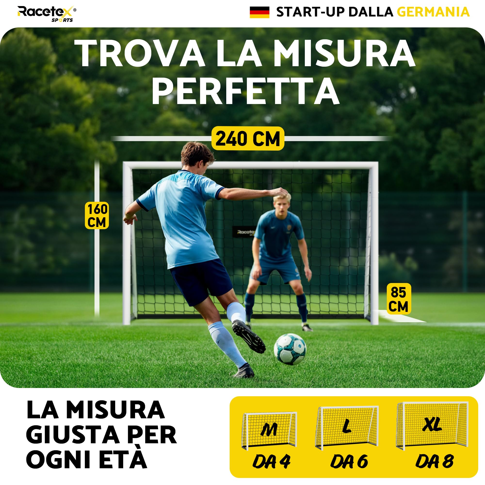 Racetex Porta da calcio per giardino, bambini e adulti [ENORM ROBUST] – Porta da calcio per bambini con robusto telaio in acciaio inox – Porta da calcio con ancoraggio a terra in acciaio inox – La