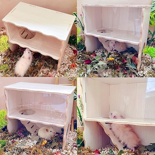 Miniatura 5 de Hámster de doble piso, cabaña de hámster de madera, escondite de hámsters sirios con panel acrílico para una observación clara, casa de ratón de