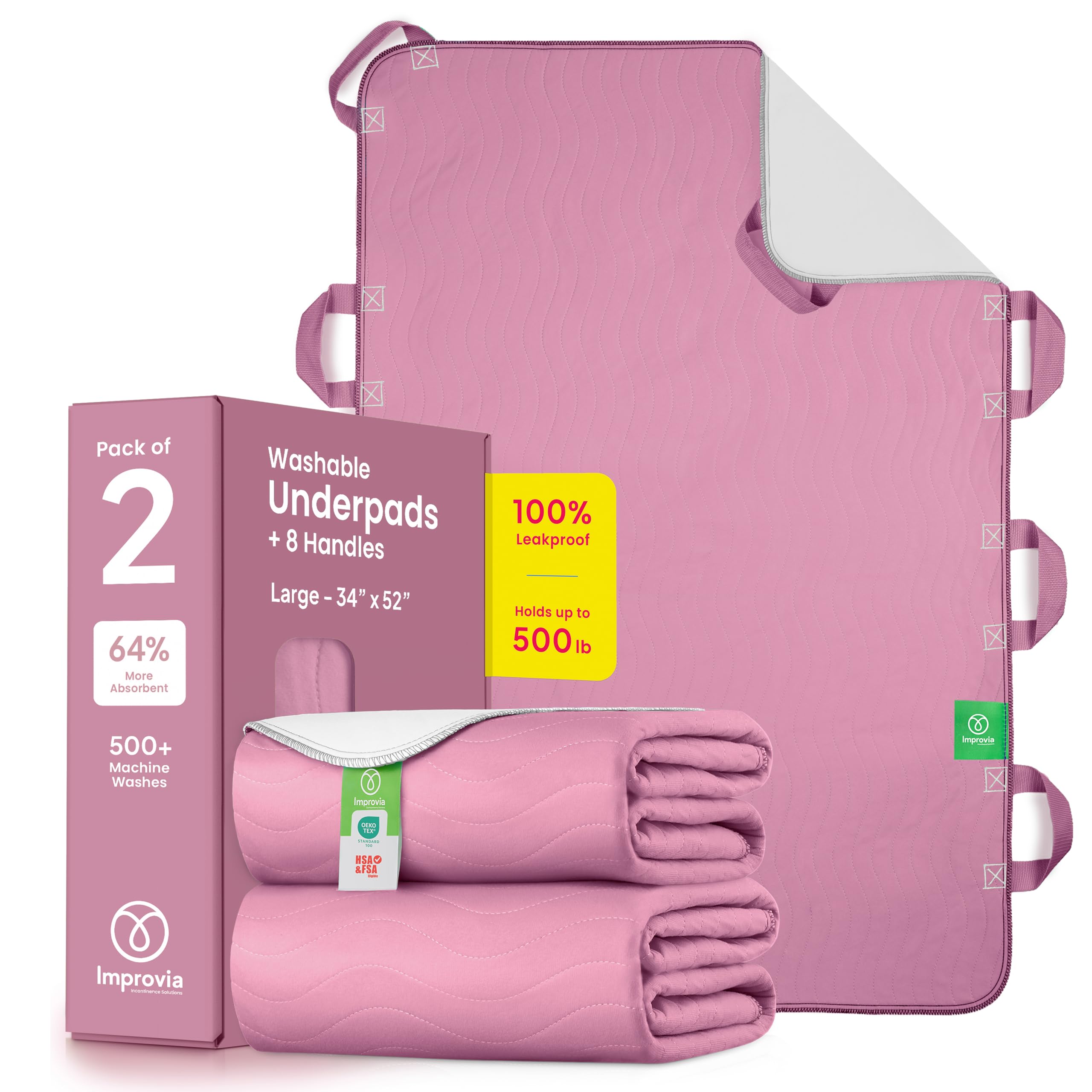 Improvia Almohadilla de cama de posicionamiento, con 8 asas reforzadas, secado rápido, lavable, impermeable, para levantar, girar, transferir, pacientes mayores e incontinencia (rosa y blanco, paquete