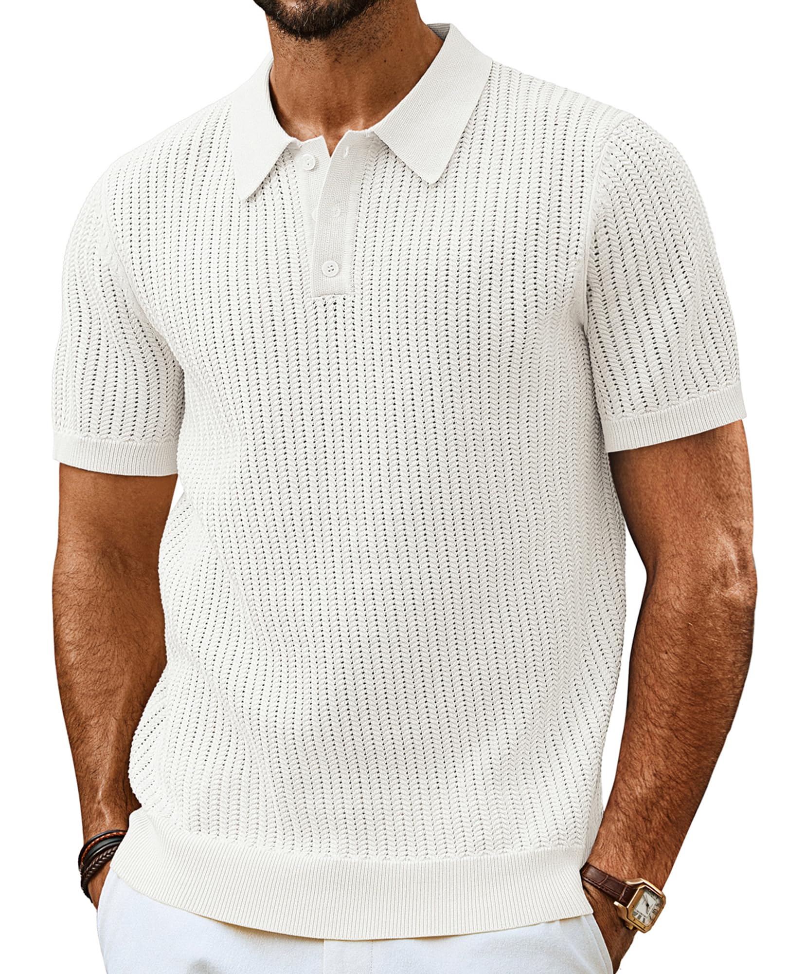 PJ PAUL JONESMens Polo Shirts Short Sleeve Textured Knit Polo Shirt Ribbed Casual Golf Shirts