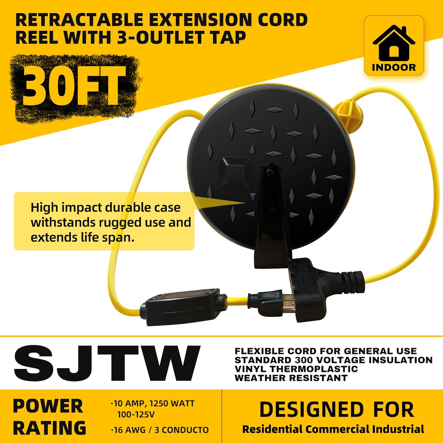 YOJOE 30 Ft Retractable Extension Cord Reel, 16/3 SJTW Power Cord with 3 Electrical Outlets and 10 Amp Circuit Breaker, Ceiling or Wall Mount, Adjustable Stopper,Yellow