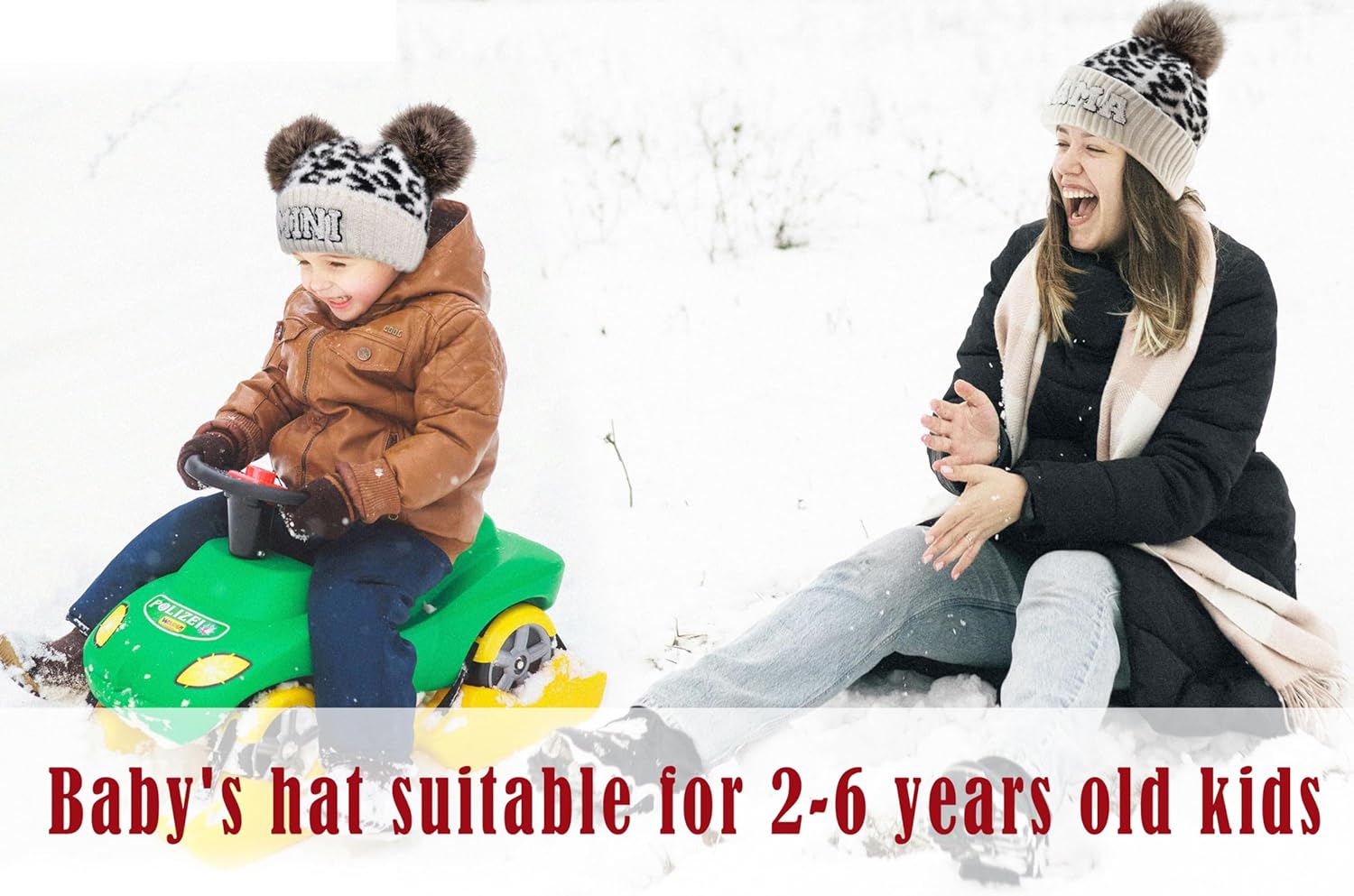 2PCS Parent-Child Beanie Hat Mama and MINI Embroidery Knitted Hat Winter Warm Cuffed Ski Cap with Pom Pom - Image 2
