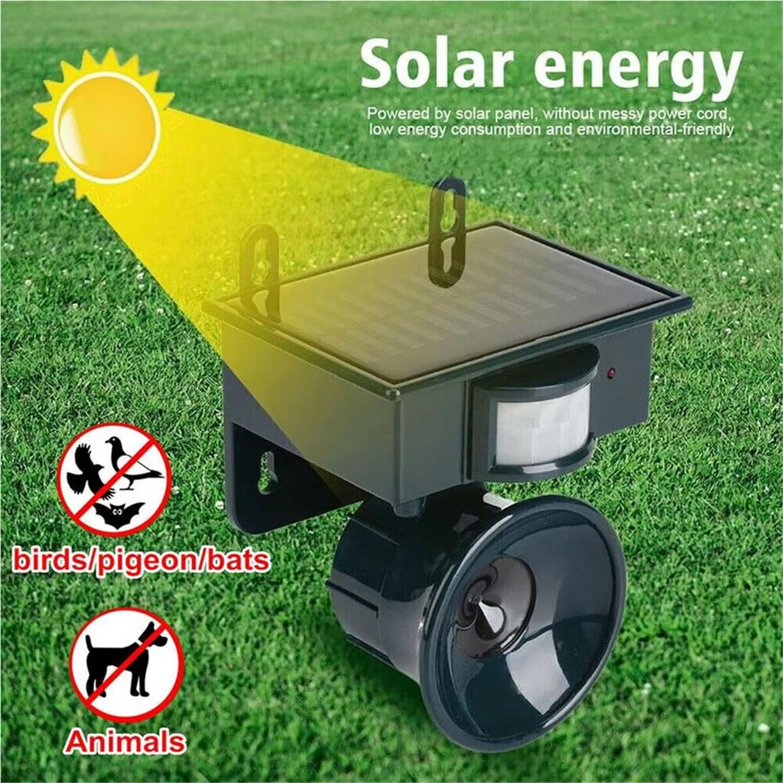 Zasilany energią słoneczną ultradźwiękowy odstraszacz zwierząt z czujnikiem ruchu - wodoodporny zewnętrzny zwalczanie szkodników za pomocą ludzkich fal dźwiękowych