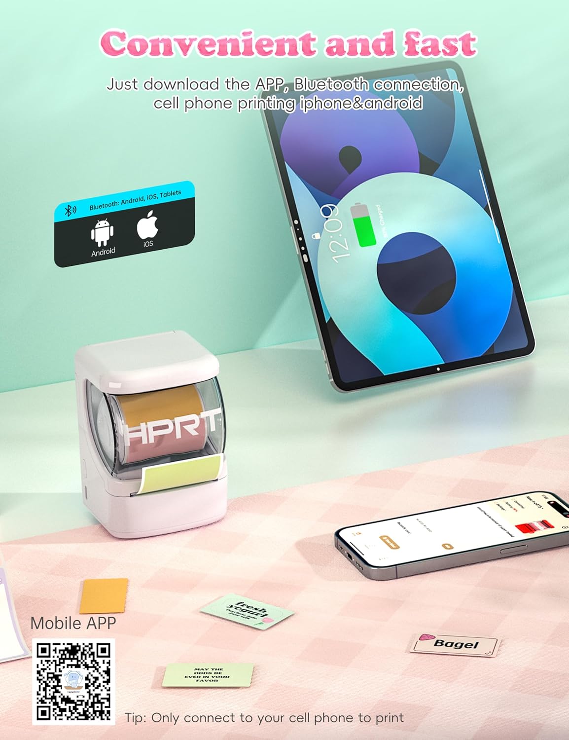 HPRT NEW1 Label Maker - Label Make Machine with 1 Roll Tape Portable Bluetooth Thermal Printer for Smartphone iPhone&Andriod, White - Image 4