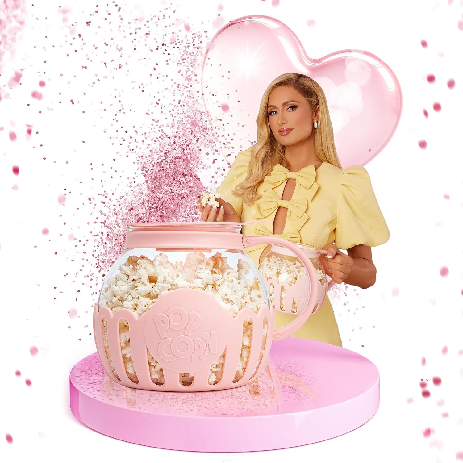 Paris Hilton - Popcornmaker aus Borosilikatglas und Kunststoff - Perfekt für süßes & salziges Popcorn, 165x25x18 mm, 2-in-1 Deckel, Spülmaschinenfest, Rose