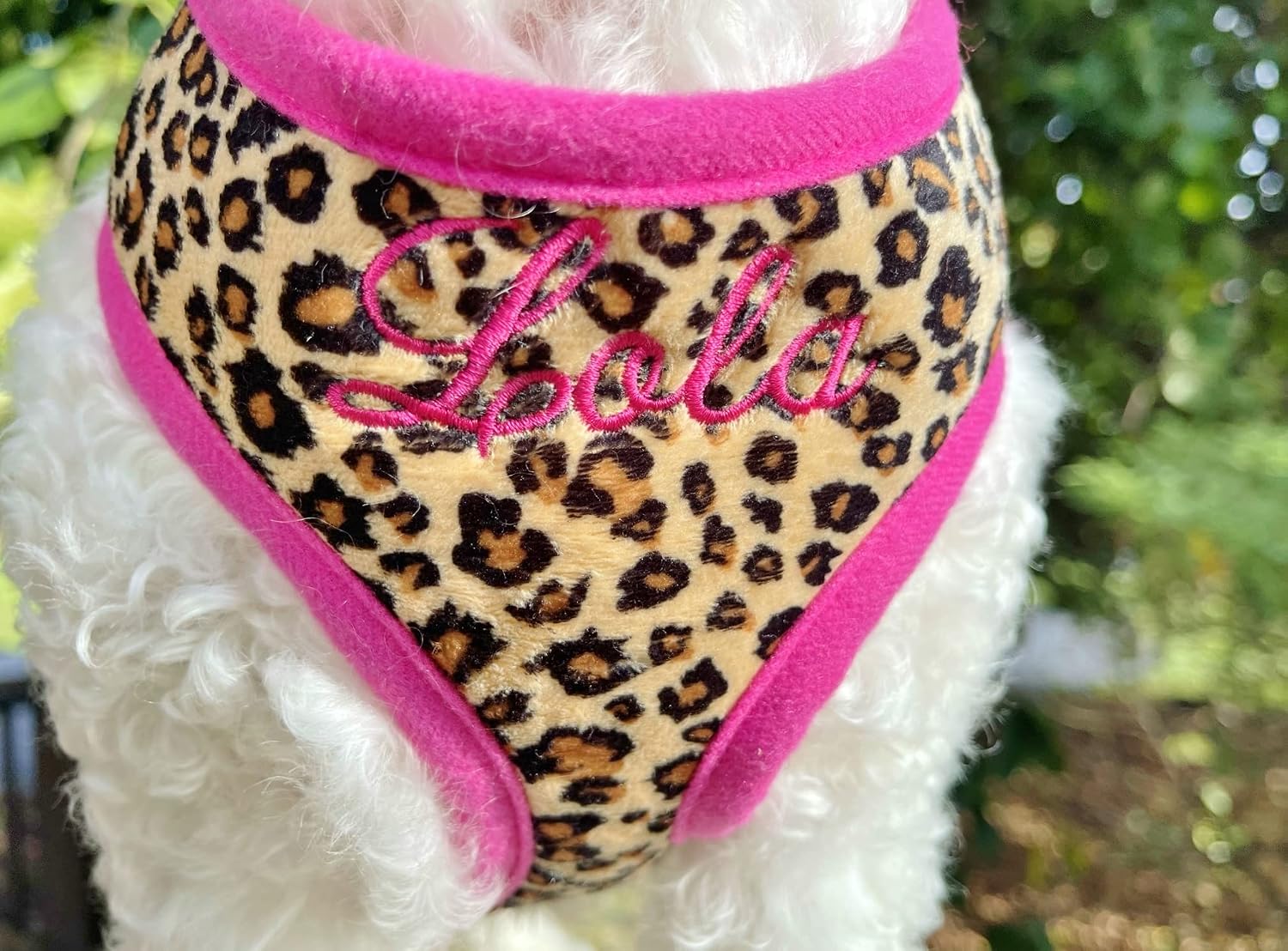 Leopard Dog Harness and Leash Option, Personalized Dog Harness with Embroidered Pet Name-Soft Comfort Plush Girly Fashion Dog Harnesses for Small Medium Large Dogs (X-Large, Pink)