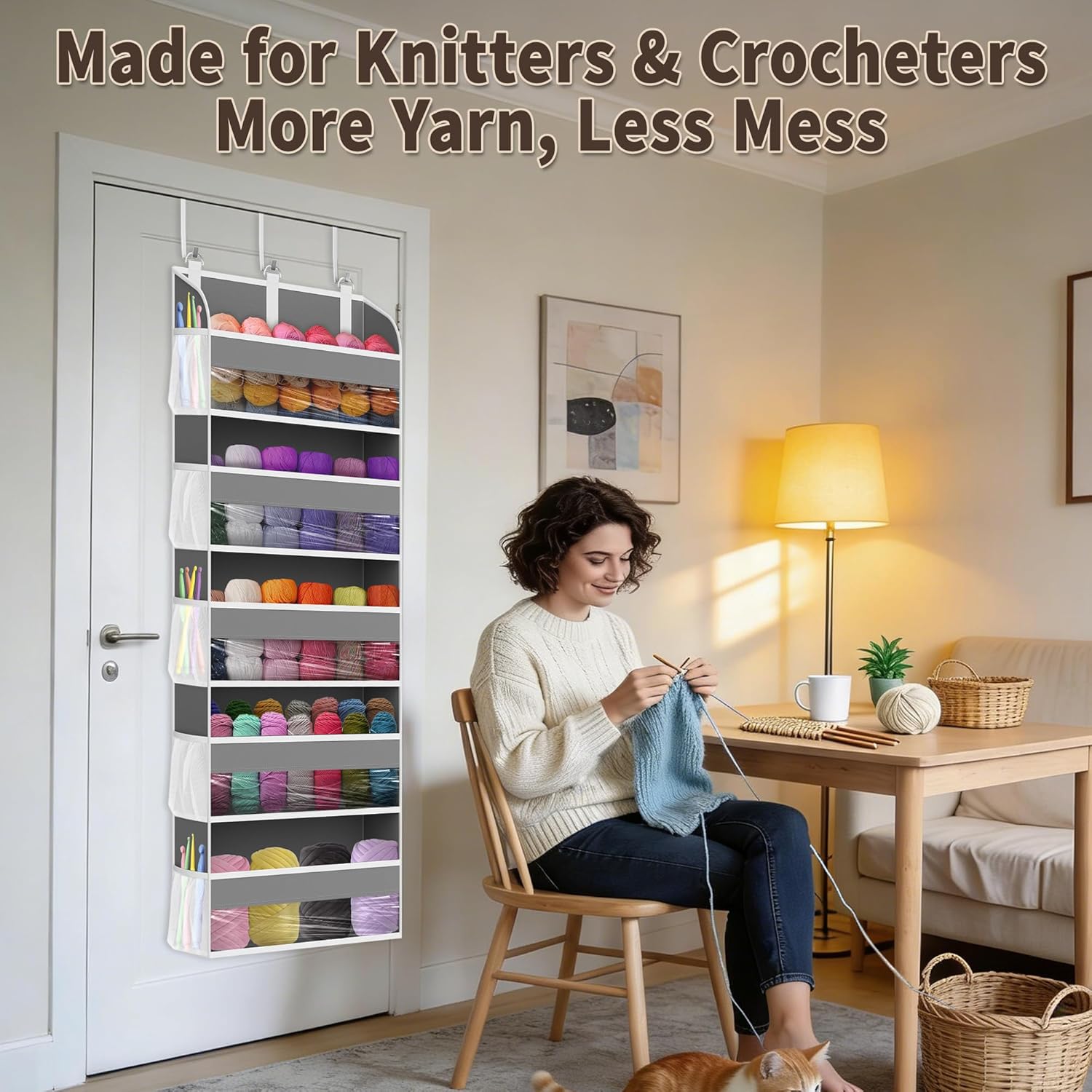 KYEVIS Hanging Yarn Storage Organizer, Large Yarn Storage with 5 Clear Pockets Organizer and 10 Mesh Side Pockets, Available to Knitting Accessories & Crochet Yarn Storage (Light Grey)