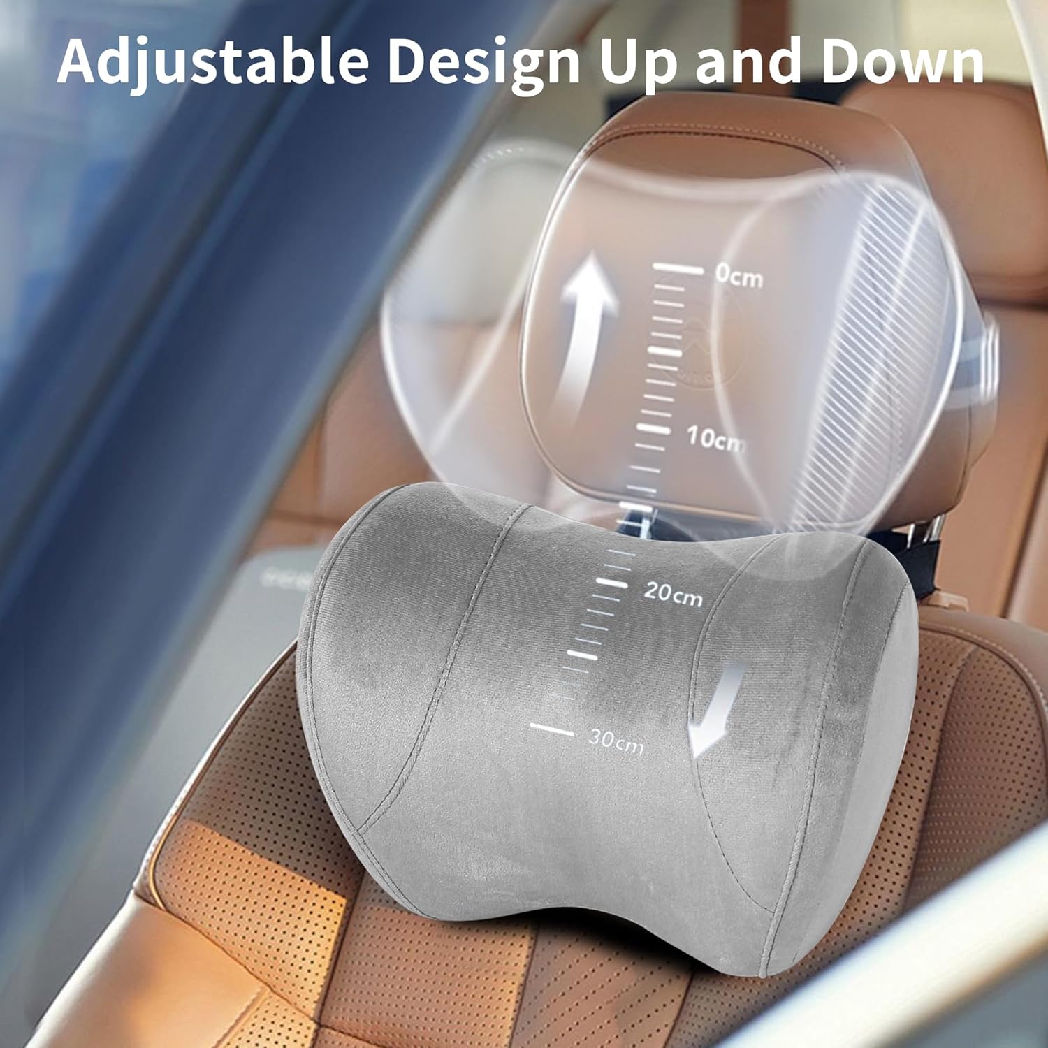 Car Neck Pillow Adjustable Up and Down Style,Car Headrest Pillow for Neck Support Relieves Driving Fatigue, Soft Memory Form and Ergonomic Design Fits Most Heights and Car Seats(Gray,2-Pack)