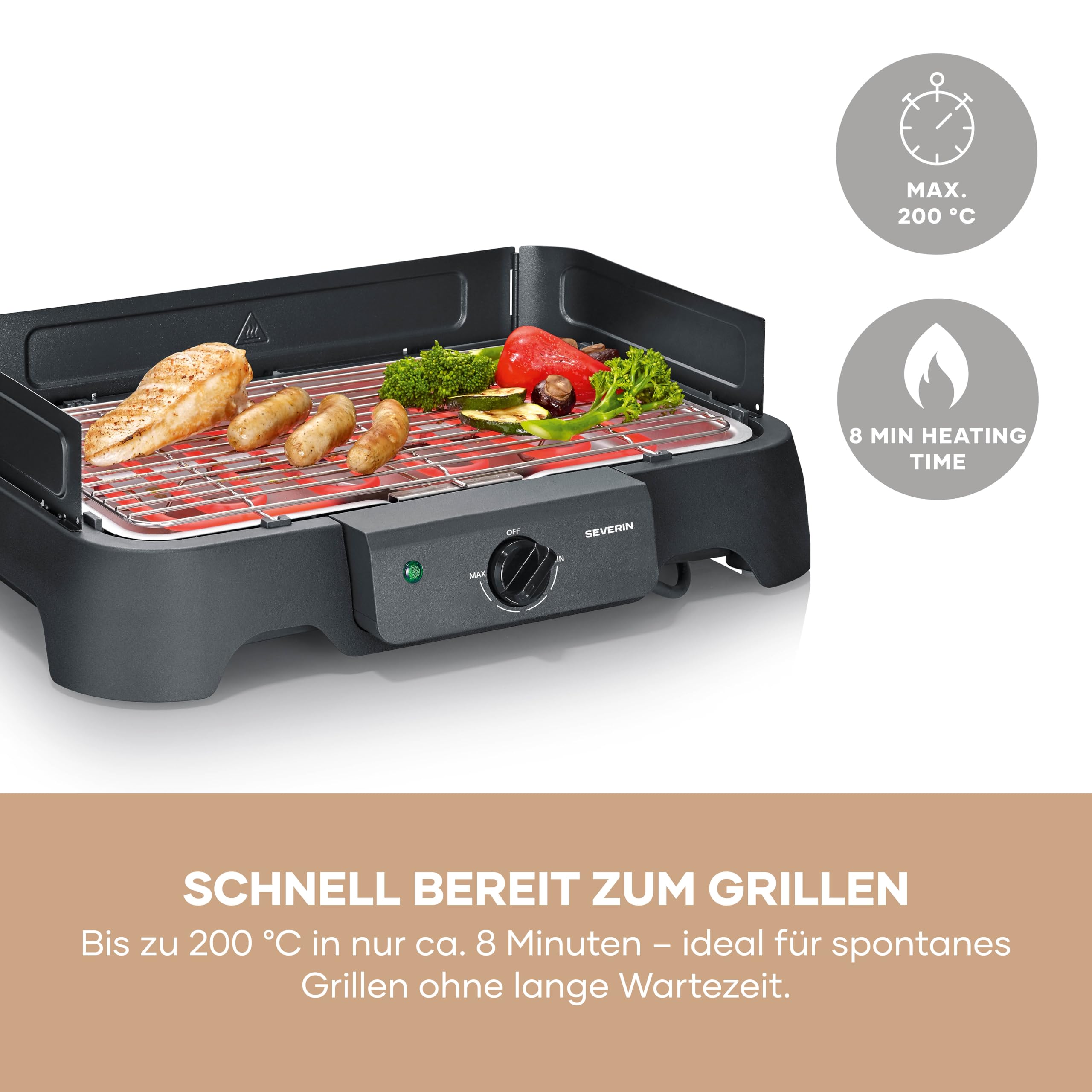 Severin Tischgrill 2000W 38x22 cm Edelstahl-Grillrost 35-200°C schwarz