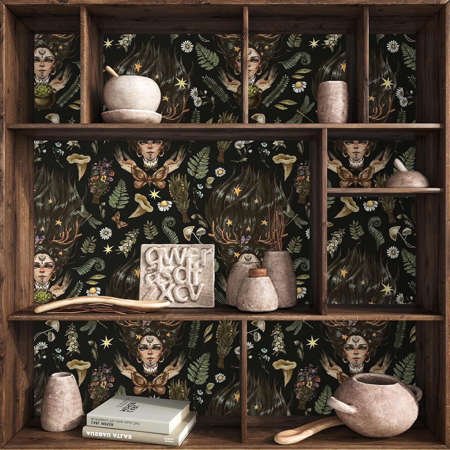 VEELIKE Black Mystic Witch and Floral Wallpaper Peel and Stick Whimsical Wallpaper 17.7''x354'' Self Adhesive Floral Contact Paper for Cabinets Removable Botanical Wall Mural for Bedroom Bathroom