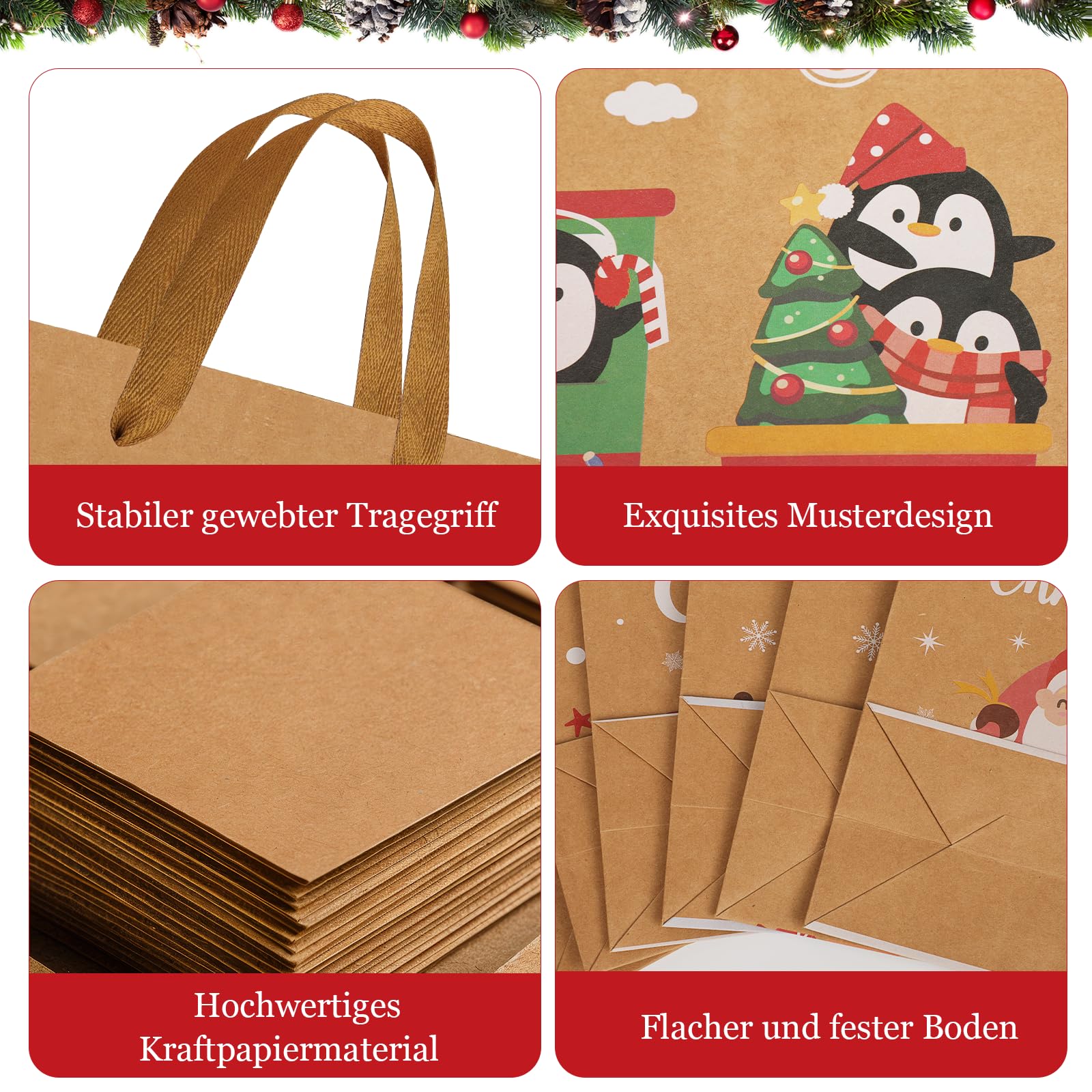 Natale Sacchetti di Carta Kraft, 24 Pezzi Sacchetti Regalo di Natale, Sacchetti Regalo Natalizi in Carta Kraft con Manici, 24 Cartellini Regalo, Regali di Natale, Articoli per Feste Riutilizzabili