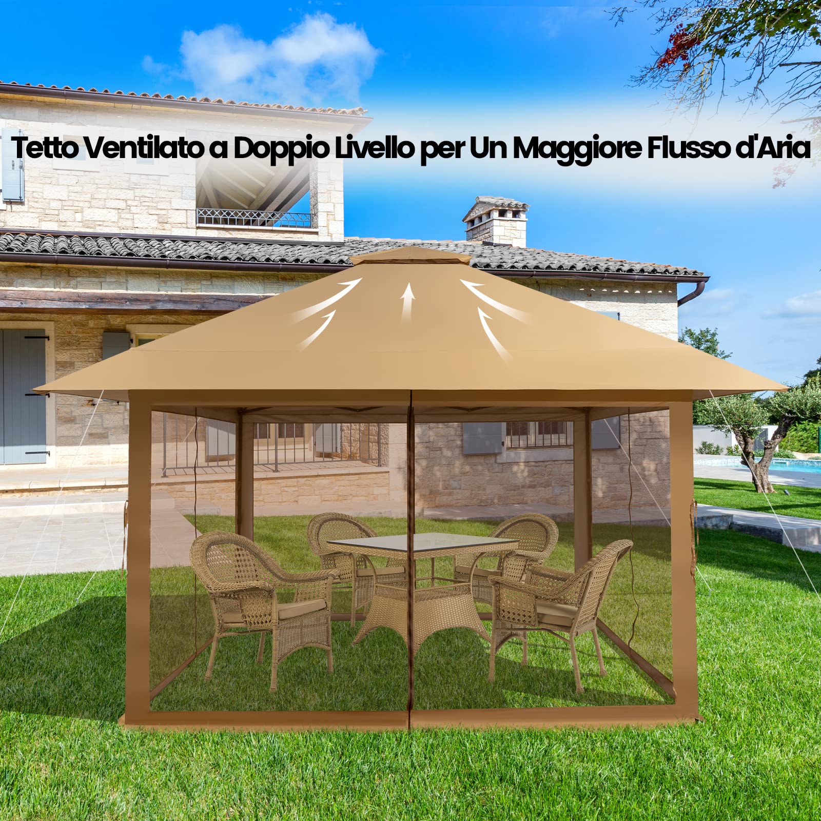 COSTWAY Gazebo Pieghevole da Giardino 4 x 4 m, Altezza Regolabile, Gazebo Pop-up con Zanzariera, Borsa di Trasporto, Doppio Tetto Ventilato e per Giardino Patio e Cortile (Cachi)