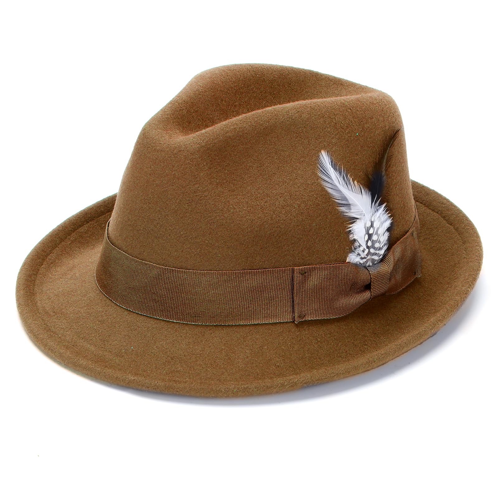 Geebuzz Men's Feather-Khaki Fedora Hats For Wo Classic Short Brim Felt Manhatta Fedora Hat With Feathers Band (Uk, Alpha, One Size, )