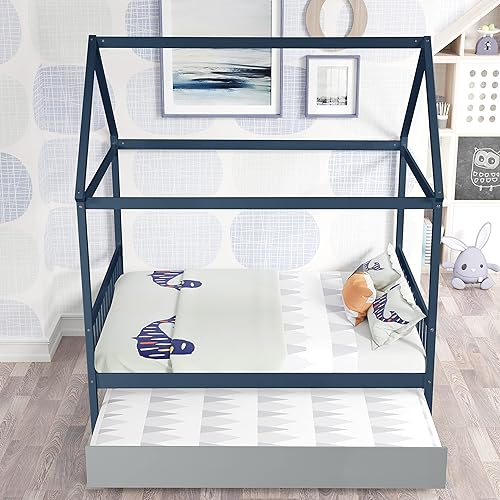 Miniatura 2 de HomSof Casa de cama matrimonial con cama nido individual con techo marco de cama de madera para niños no necesita somier azul