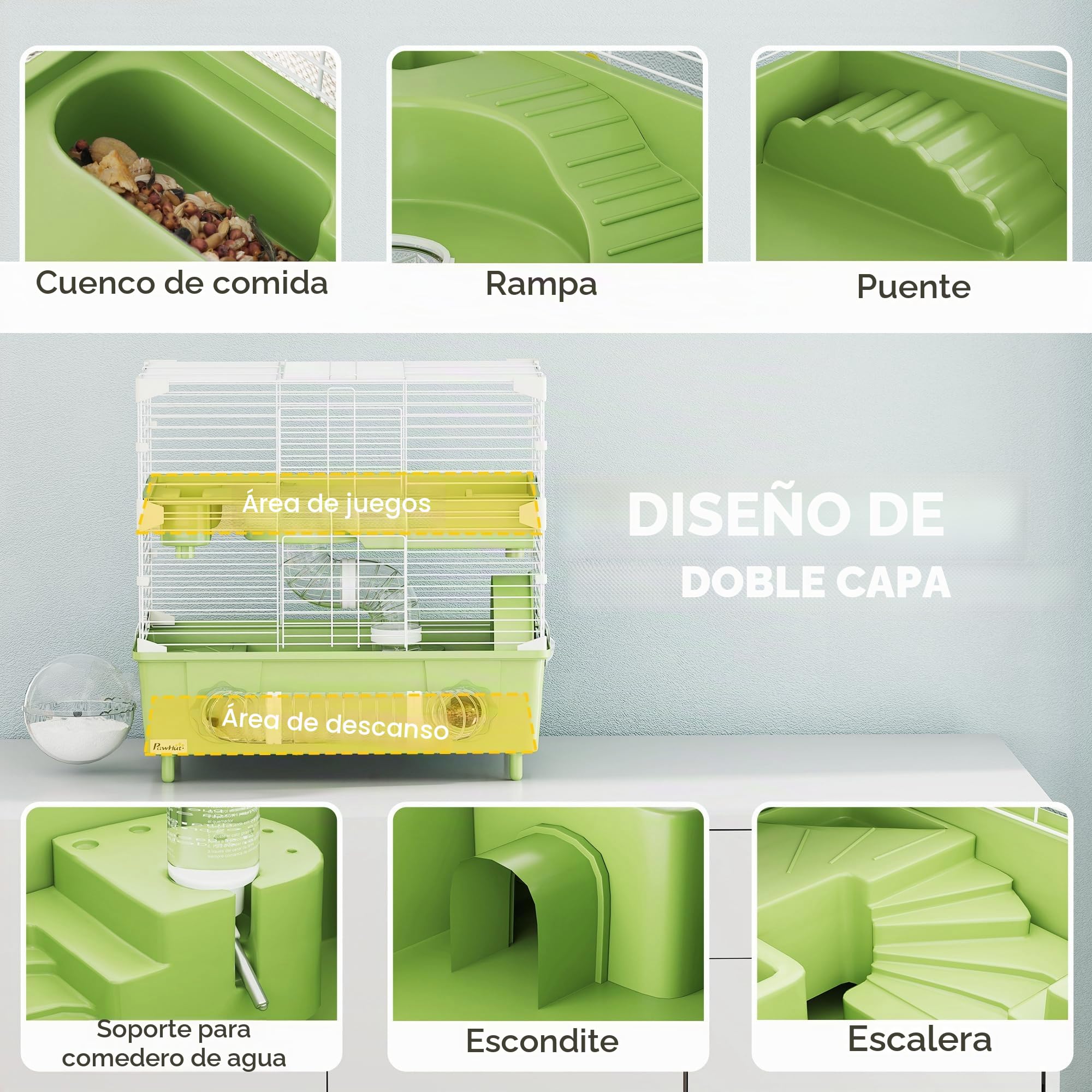 PawHut - Jaula para hámster de 2 niveles, para pequeños roedores con rueda de carrera, baño de arena, sistema de tuberías, para hámster enano, 44,5 x 28 x 44 cm, verde