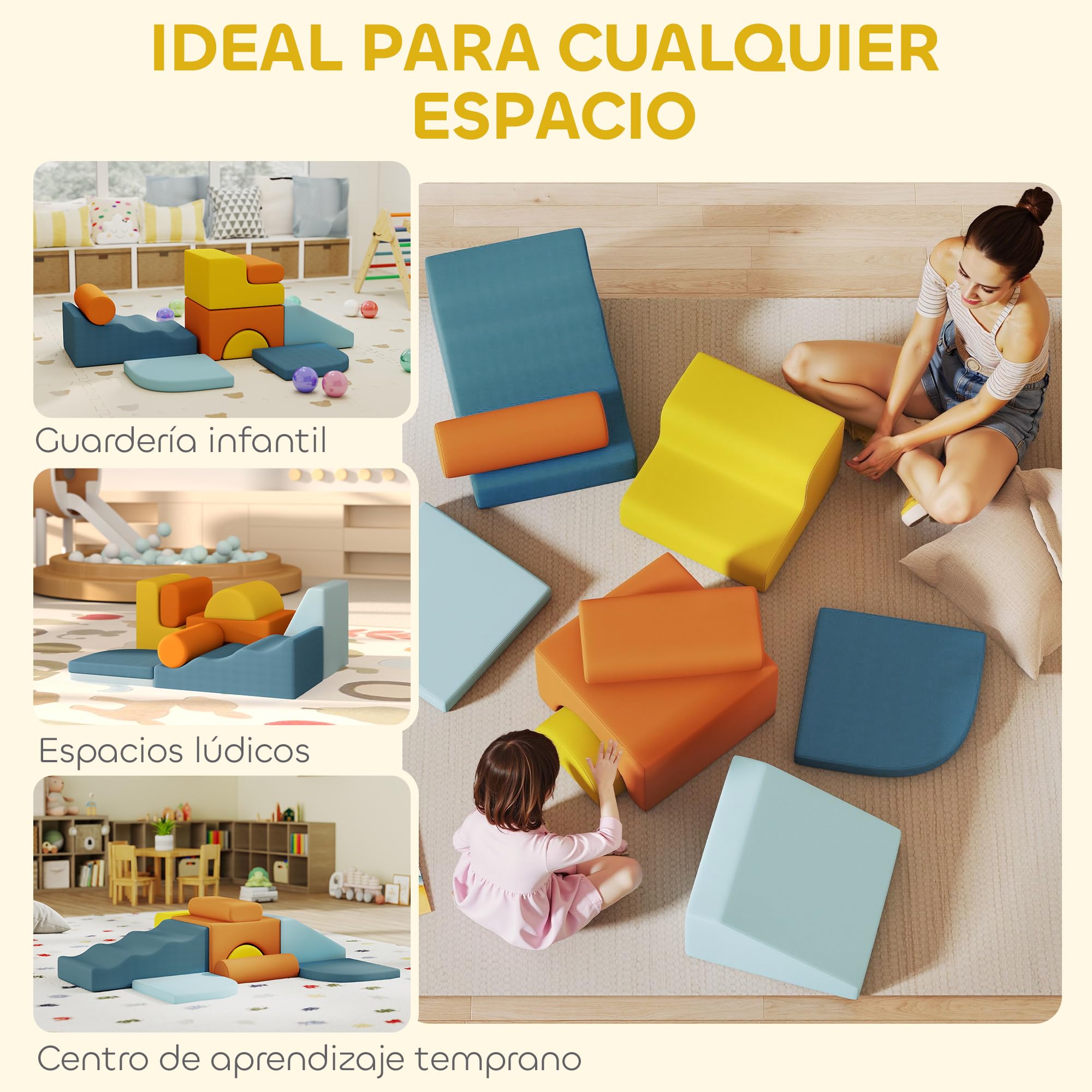 AIYAPLAY Juego de 9 Bloques de Espuma para Niños con Fundas de Terciopelo Lavables, Bloques de Psicomotricidad Set de Escalada para Interior, para Escalar y Gatear, Multicolor