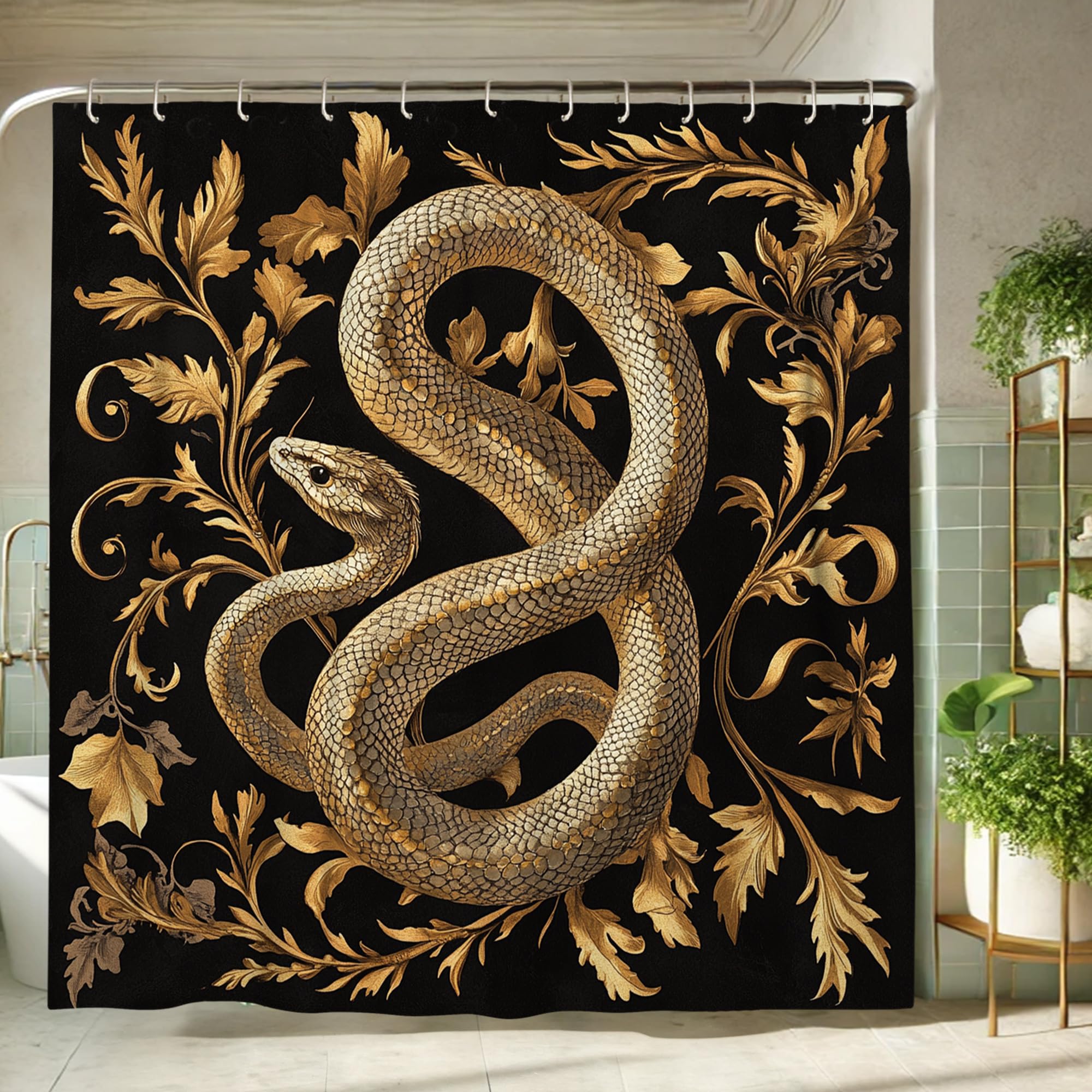 Snake Shower Curtain, Black and Gold Serpent Bath Curtain for Bathroom Decor, Autumn Modern Vintage Style Waterproof Fabric Shower Curtain Set with