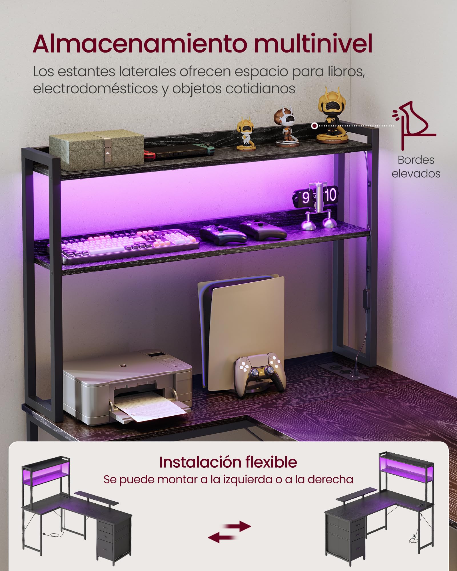 VASAGLE Escritorio en Forma de L, con Enchufes, Luces LED, Cajones y Soporte para Monitor, 140 x 100 x 150 cm, Negro, para Oficina en Casa y Gaming, Colección Barnet LWD162B101