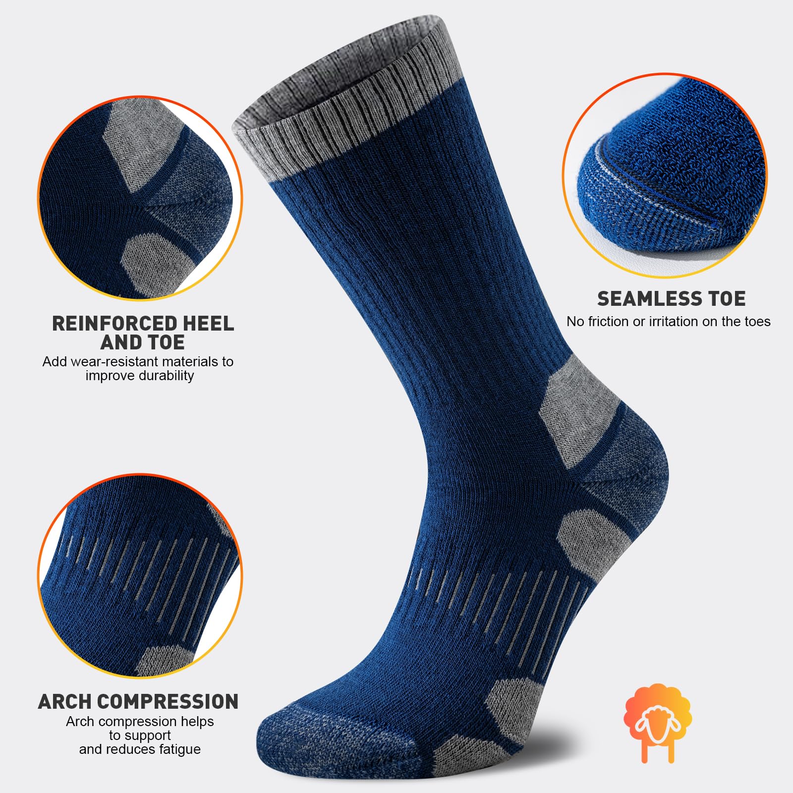 Niorasen Merino Wool Hiking Socks for Men & Women, Thick Cushioned Walking Socks, Seamless & Breathable Anti-Blister Crew Socks for Sports, Running, Outdoor, Work, Cycling, Trekking,3 Pairs Unisex — view 6