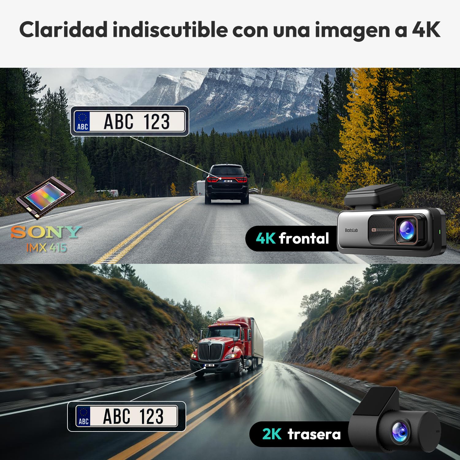 BOTSLAB 4K Dash CAM Delantera y Trasera, Visión Nocturna, Cámara Trasera Giratoria 360°, Tarjeta SD 64 GB, Pantalla IPS 2.45», Gran Angular 170°, GPS y WiFi Integrados, Modo Aparcamiento 24/7