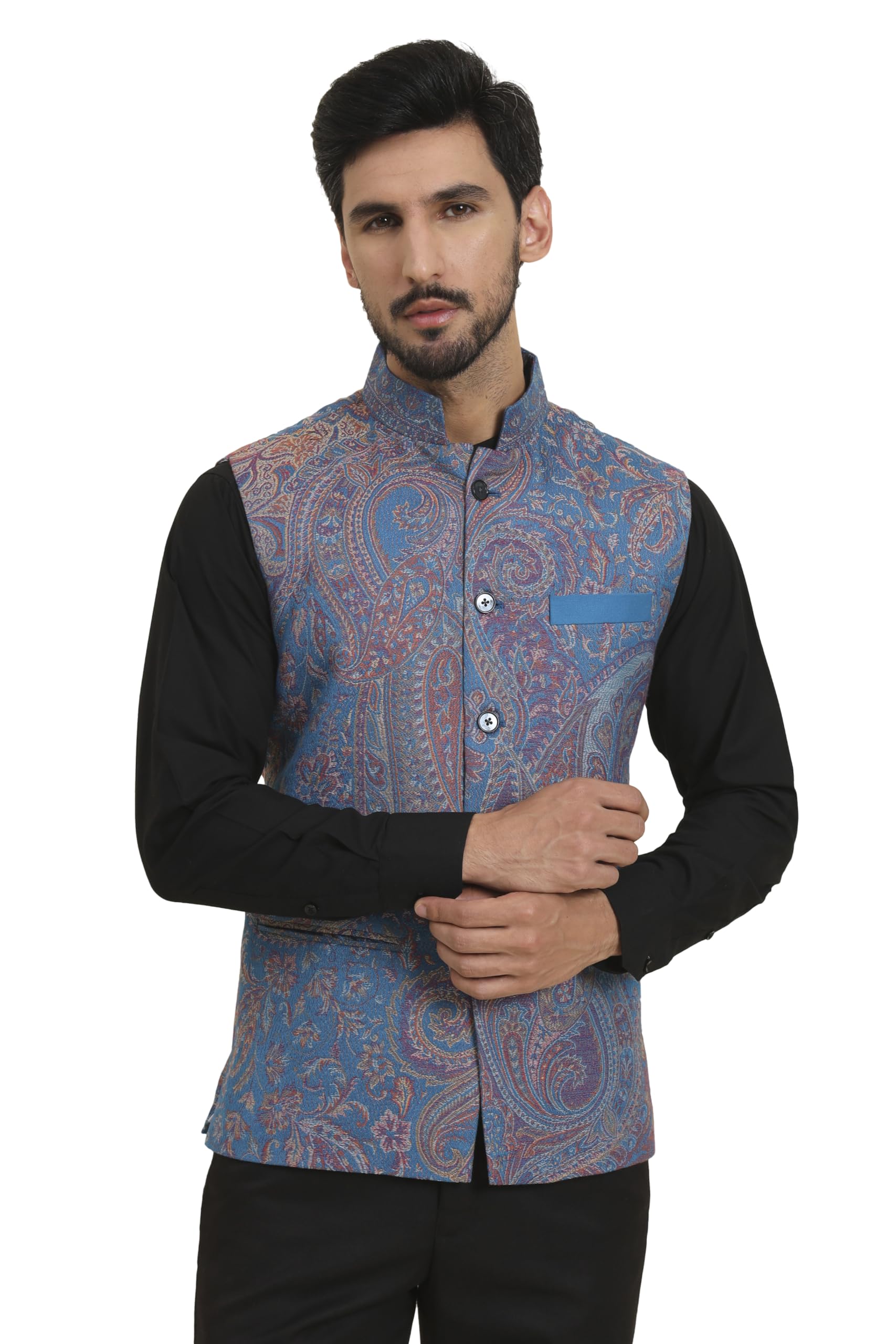 Mens Woven Jacquard Waistcoat, Structured Slim Fit, Saphire Blue