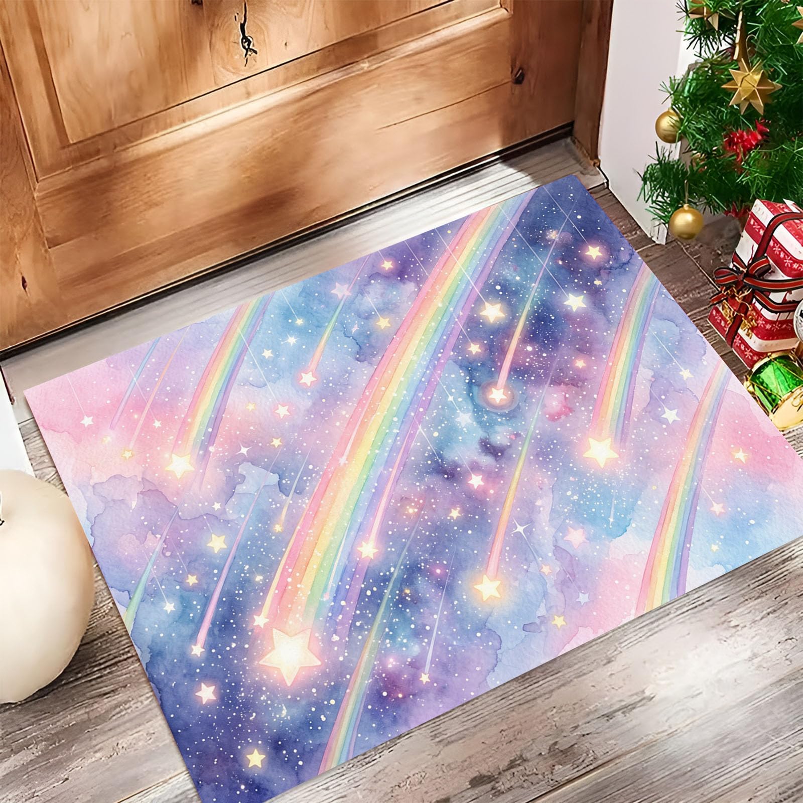Felpudo Entrada Casa, 80x120cm Alfombra de Puerta Arcoíris De Meteoros Tapetes de Interior Estilo De Chica Soñadora Antideslizante para Decorativo Dormitorios y Zonas Entrada Cuartos, Azul-Púrpura