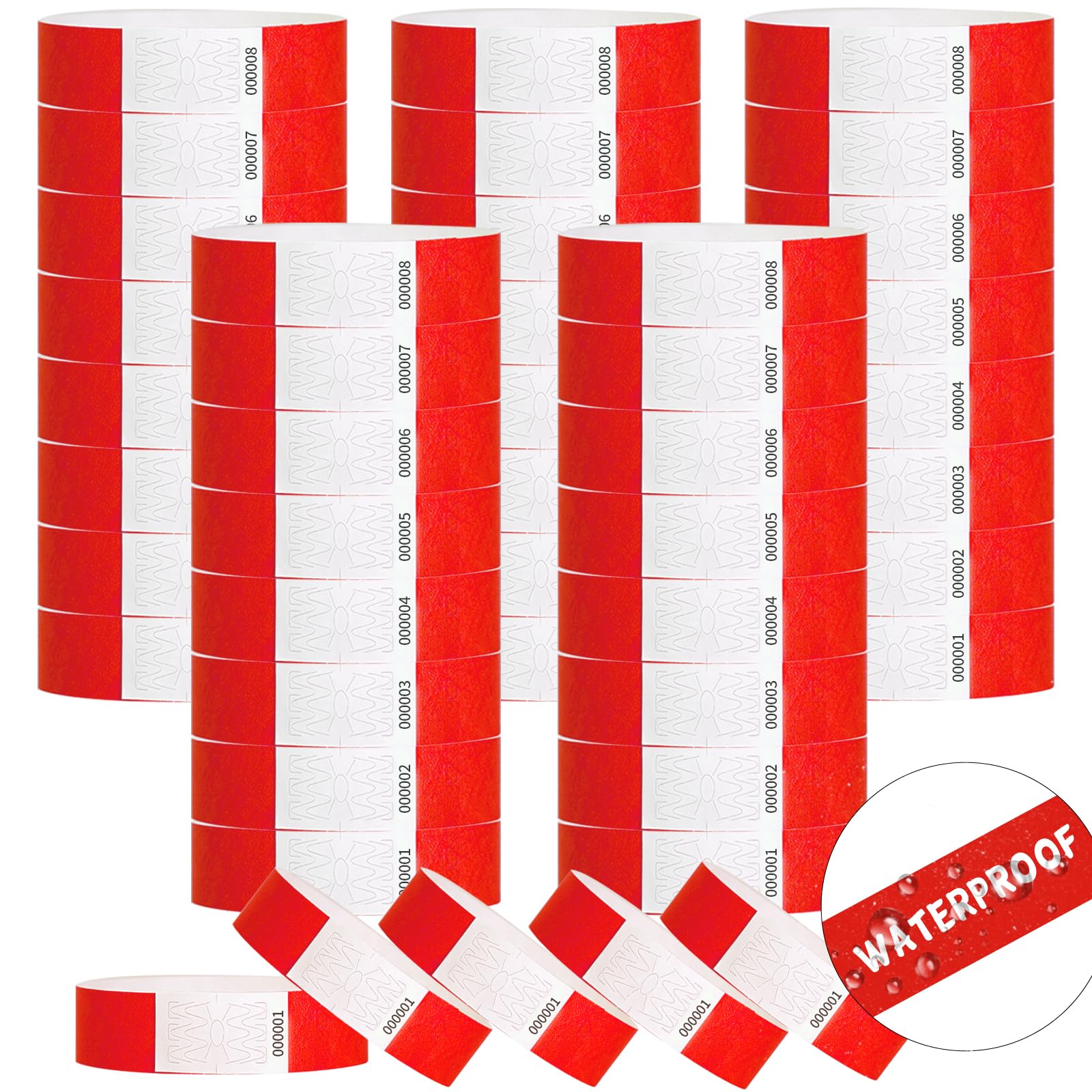 IDwrists Wristbands for Events - 1100pcs Waterproof Neon Wrist Bands for Events Concert, Festival Admission, Party (Red)