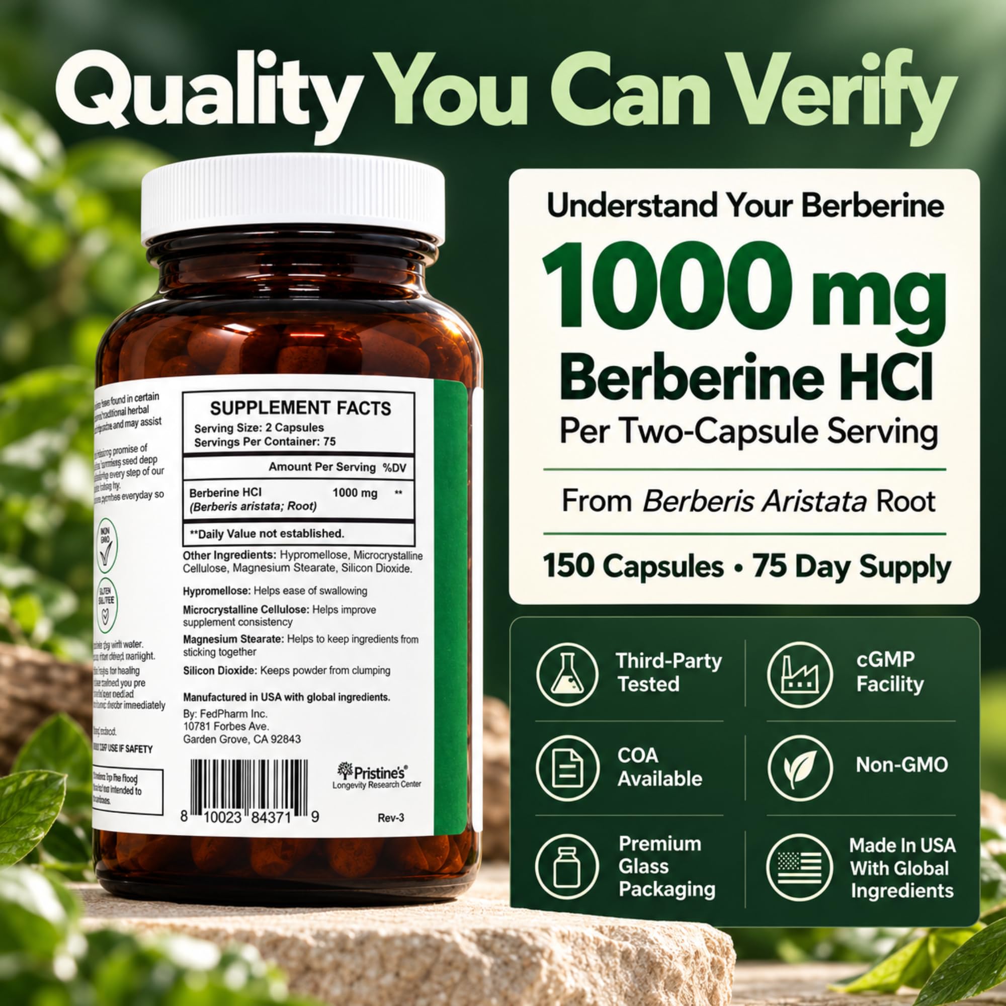 PRISTINE'S Berberine 1000mg Supplement Capsules, 150 Count, 75 Day Supply — Amazon image 5