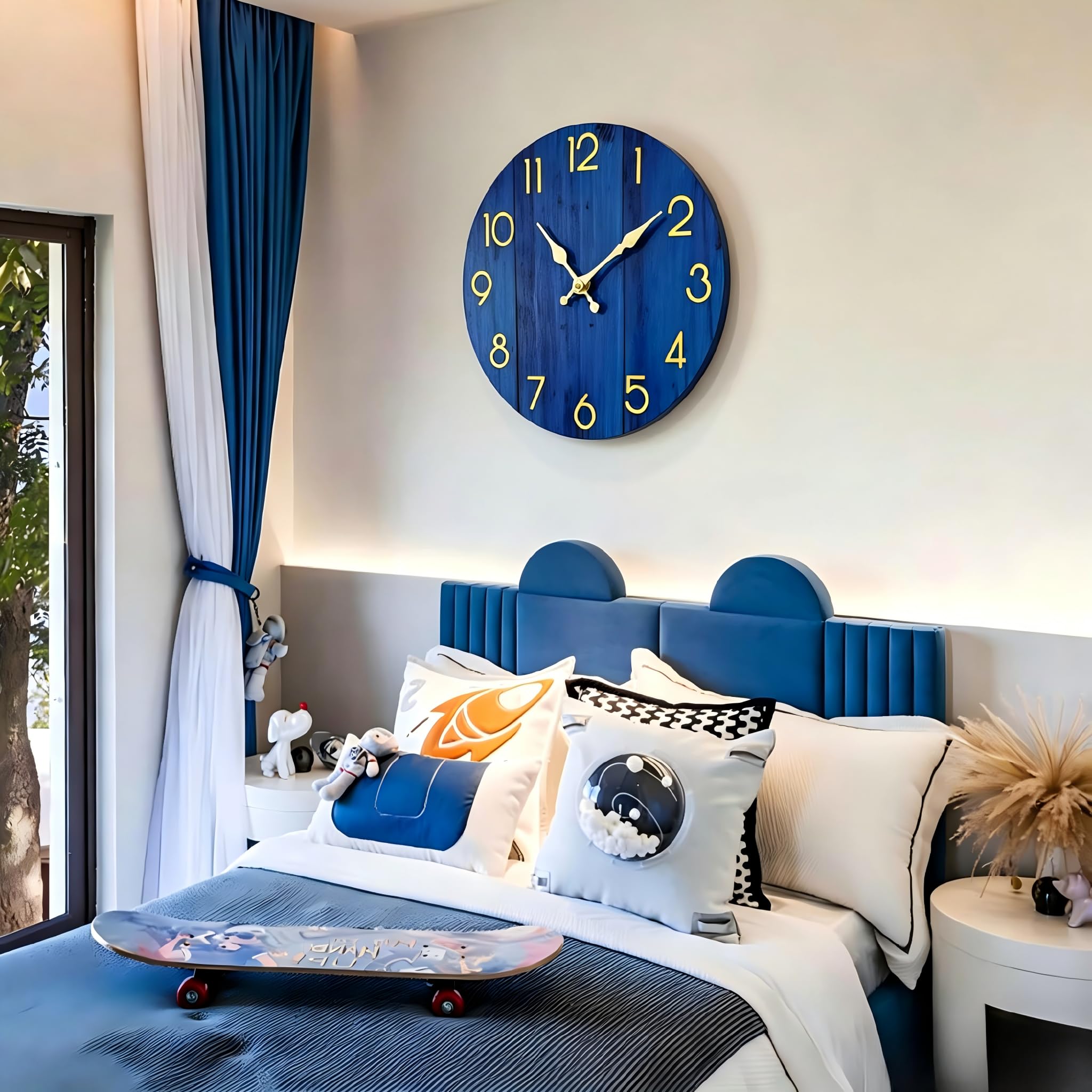 Reloj de pared azul marino que funciona con pilas, reloj de pared silencioso de 8 pulgadas