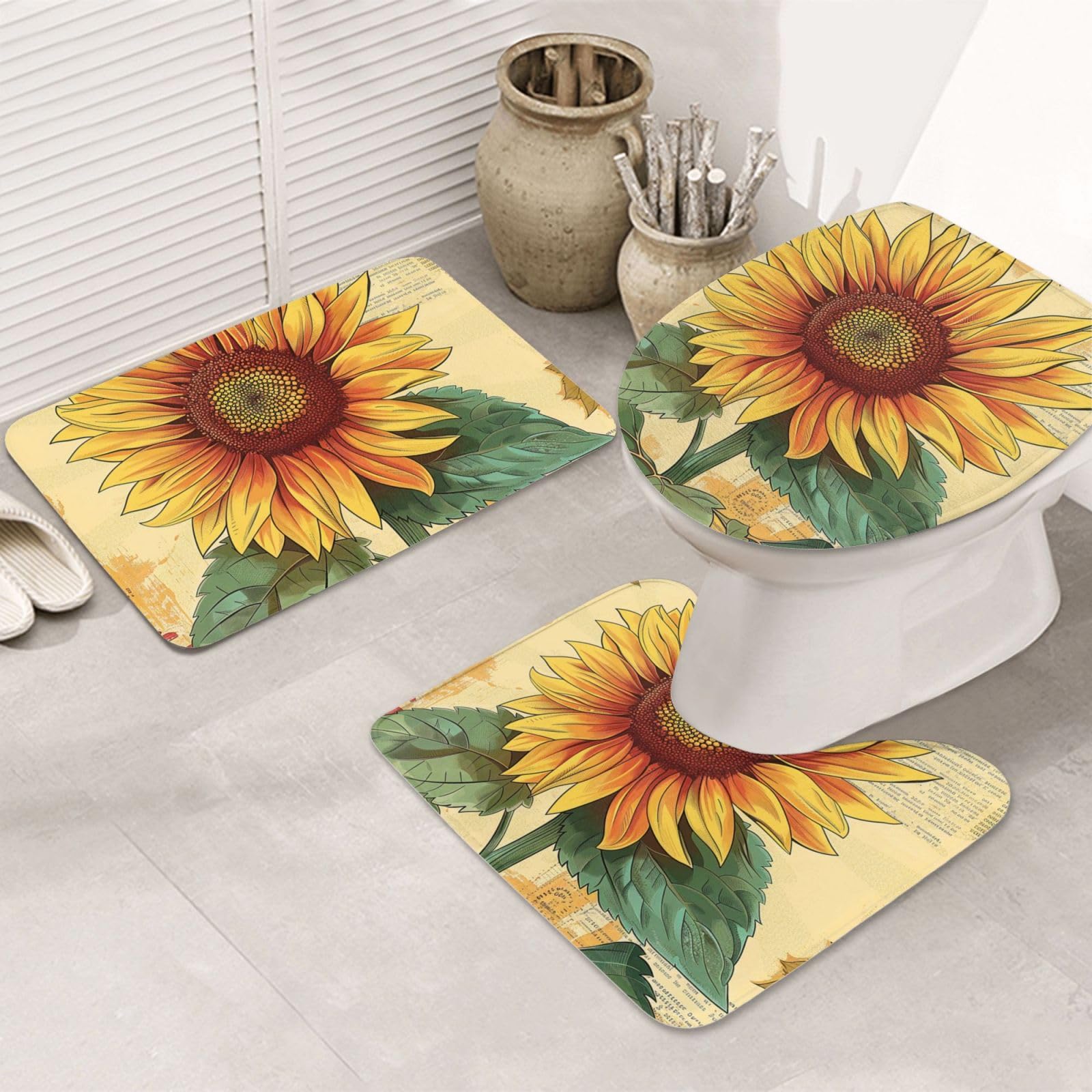 Tapis de bain tournesol lot de 3 avec contour et housse WC