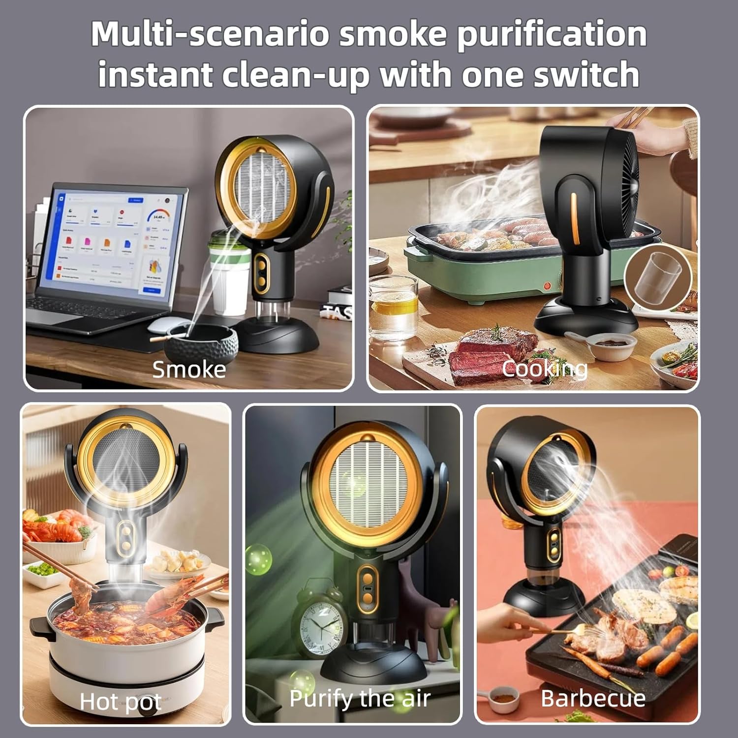 Desktop Smoke Purifier Fan, Portable USB Rechargeable Adjustable Angle Smoke Trap, Mini Air Purifier with Removable Washable Filter for Indoor Smoking, Cooking, RV, Office & Kitchen Use