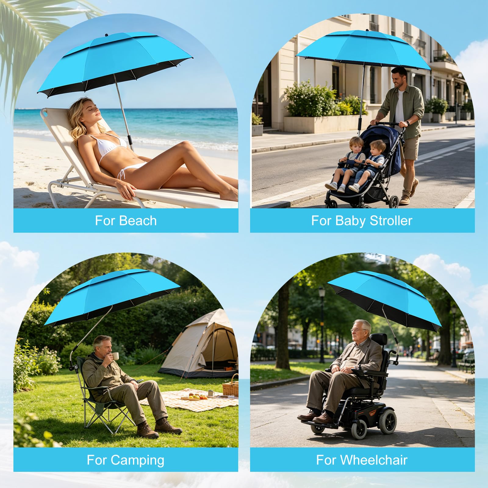 panthem 2er-Pack Sonnenschirm Strand für Stuhl mit Klemmhalterung, UPF 50+ 360° verstellbarer, kompakter Strandschirm für Strandstuhl, Liegestuhl, Campingstuhl, Rollstuhl, Kinderwagen, Reise