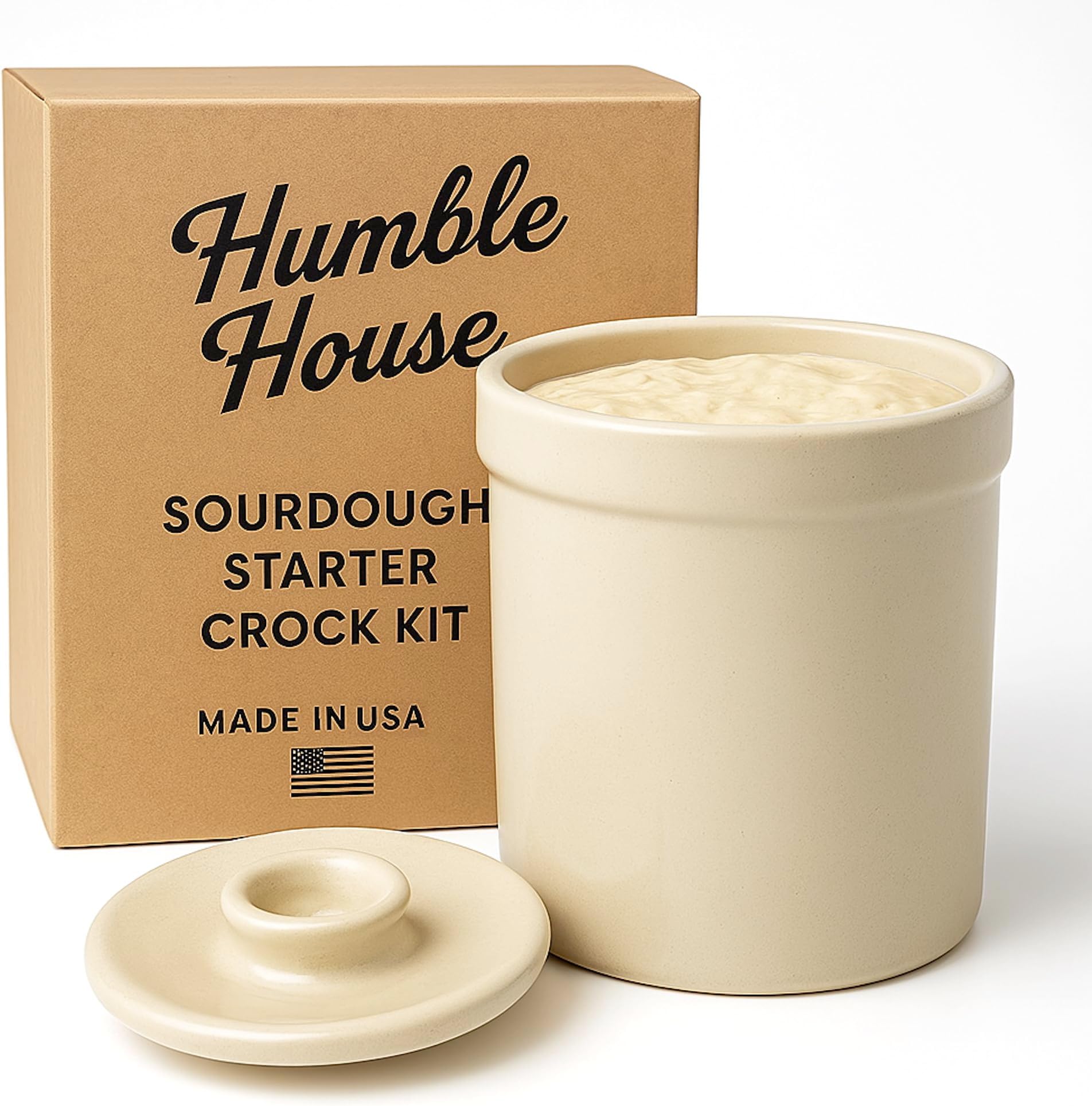 Humble House Sourdough Bread Starter Kit 1/2 Gallon Sauerkrock Open Ceramic Crock with lid 2 Liter Large Capacity 64 Ounce Jar for the perfect sour dough bread - baking supplies Made in America