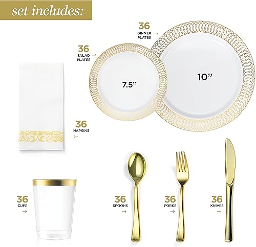 Miniatura 2 de 252 platos blancos y dorados servilletas suministros de fiesta vajilla para adultos 36 juegos juego de platos de plástico dorado pequeño y grande