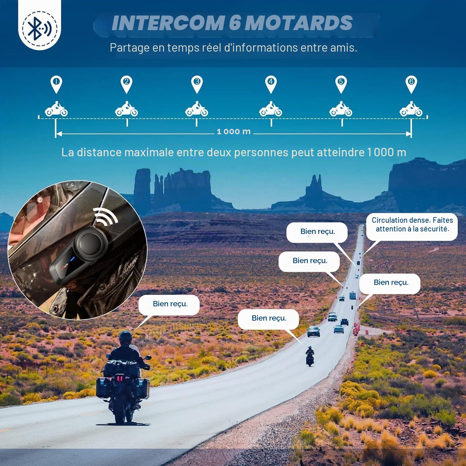 MAXTO Intercom Moto Kit Bluetooth Casque, M2 2-6 Riders 1000M Kit Main Libre Appairage Universel, BT5.0 Ecouteur avec Suppression du Bruit, IP67 étanche, Partage de Musique