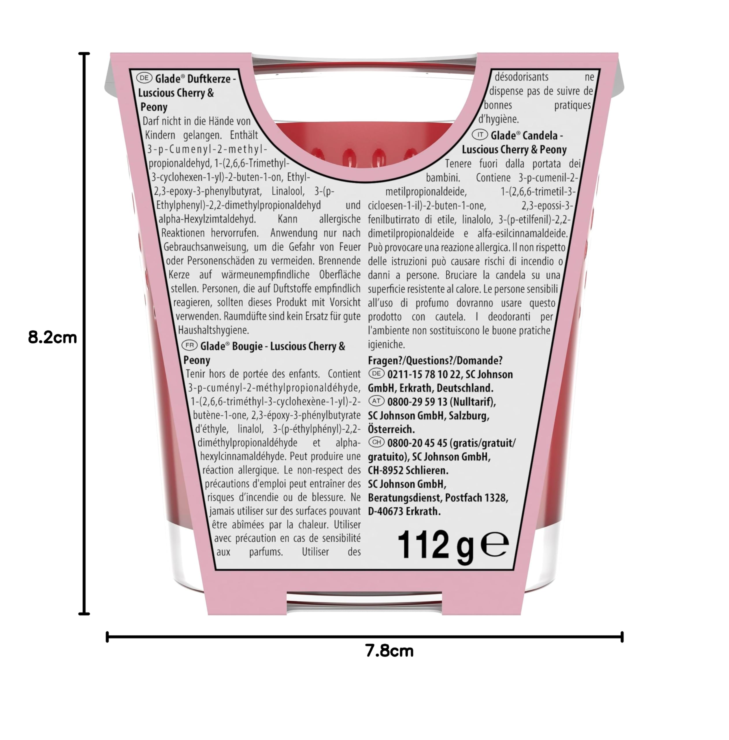 Glade Duft-Kerze im Glas, Luscious Cherry & Peony, bis zu 27 Stunden Brenndauer, 6er Pack (6 x 112g)
