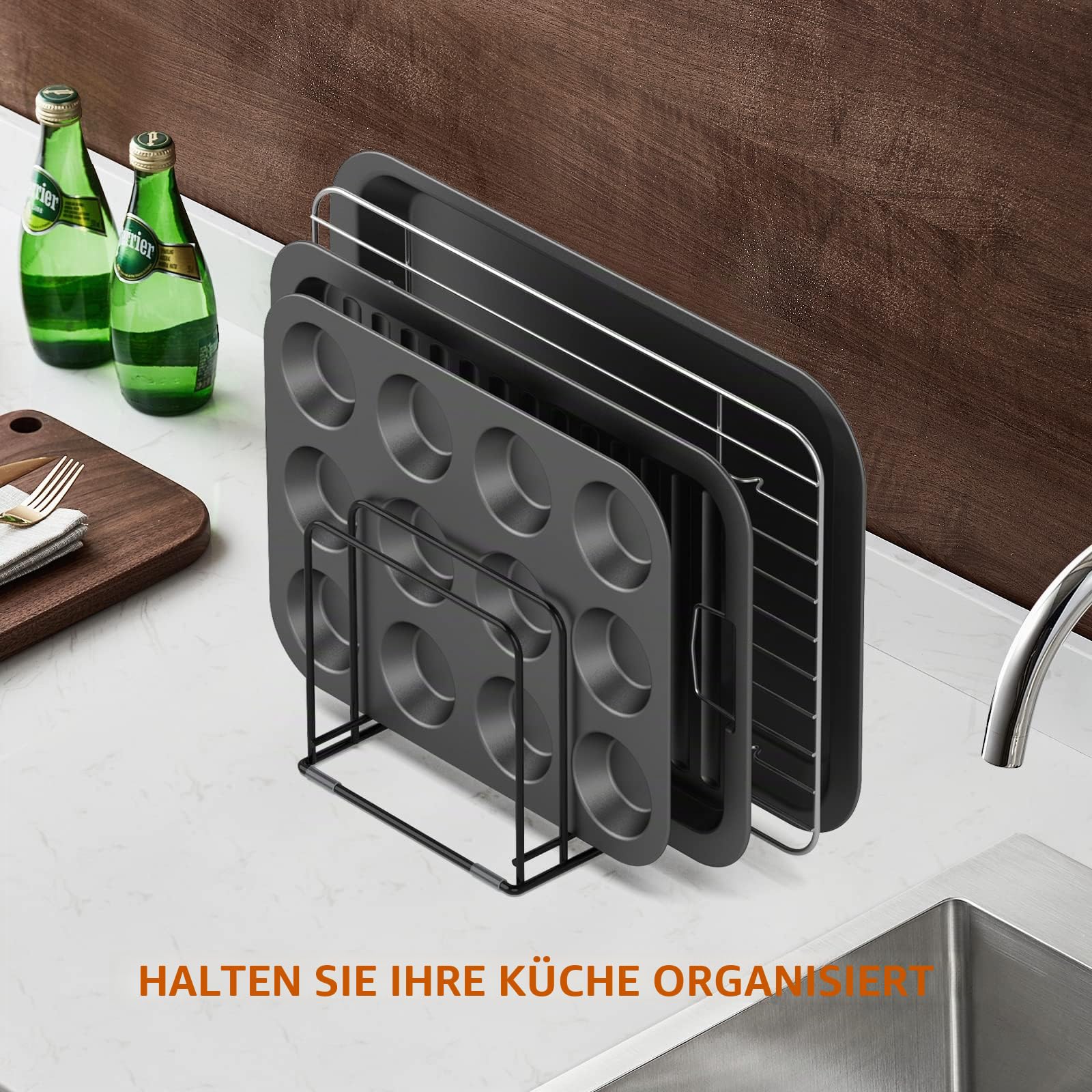 KORRTFID Küchenschrank-Organizer, Stahl-Kochgeschirrhalter, geteilter Halter mit 5 Schlitzen für Bratpfannen, Backblech und Schneidebrett-Gestell – Pfannenhalter Aufbewahrung (1 Stück)