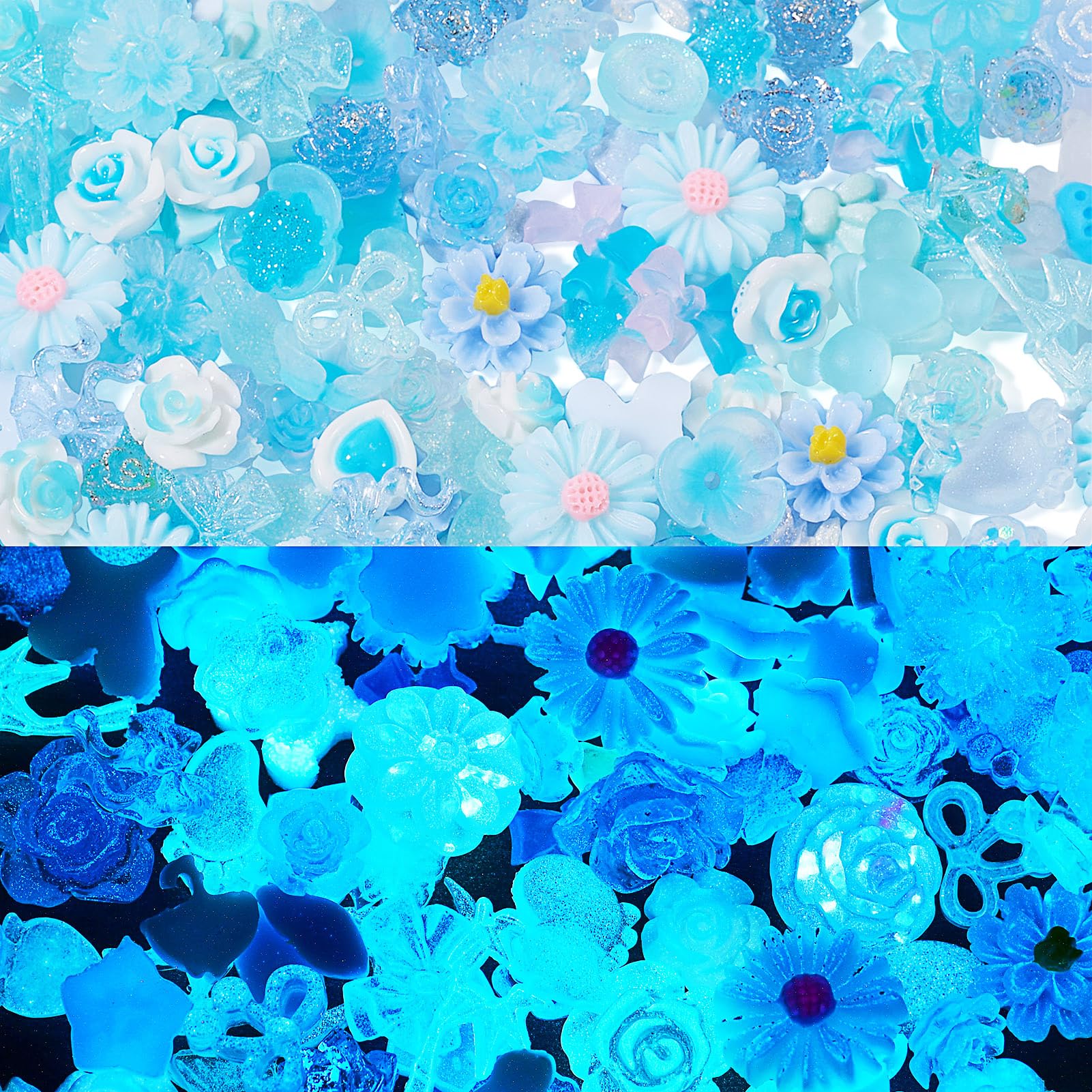 Beadthoven 200pcs Glow in The Dark Resin Slime Charms for Craft, Nail Charms 3D Cute Flower Flatback Beads Luminous Resin Cabochon Mixed Lot Kawaii